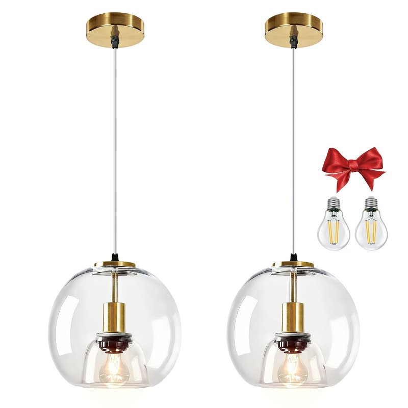 Bravsekai Glass Pendant Kitchen Island Light, 2 Packs Clear Glass Pendant Lighting fixtures with Extra 2 Bulbs,Adjustable 150cm Cord, Modern Light for Kitchen Island,Dining Room(23cm, 2-Pack)