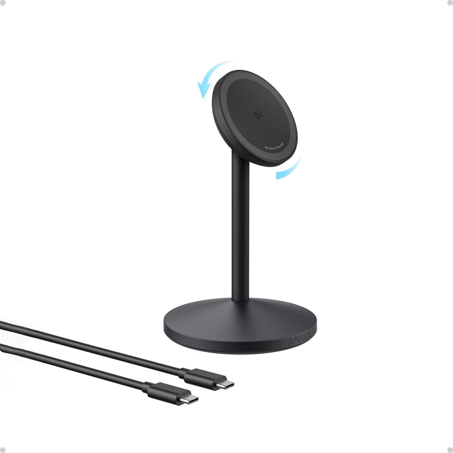 Anker MagGo Wireless Charger, 15W Fast Charging MagSafe Charger Compatible Wireless Charging Stand with USB-C Cable, Qi2 Wireless Charger, For iPhone 16/15/14/13 Series and AirPods (No AC Adapter)
