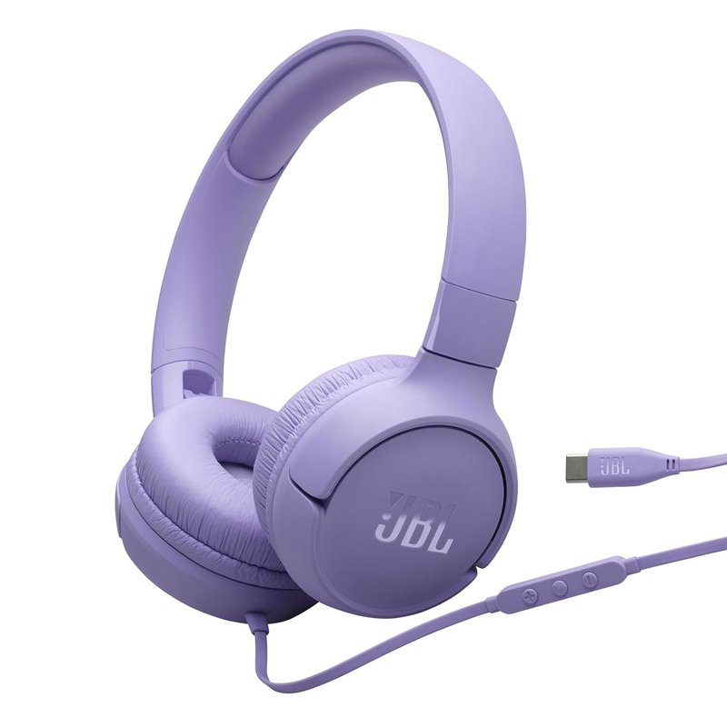 JBL Tune 520 C Comfort Fit Wired On Ear Headphones with Microphone, Pure Bass Sound, EQ Presets, USB-C Connectivity, Foldable Design and Tangle-Free Cable, Purple