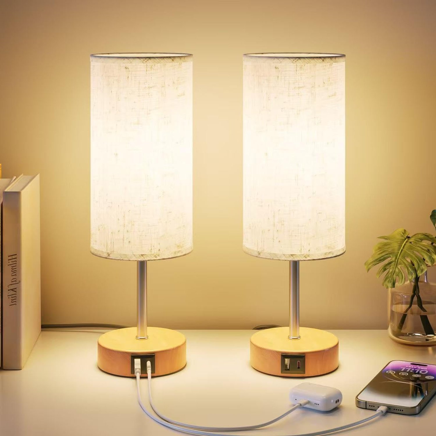 UPXNBOR Bedside Lamps Set of 2, Table Lamp for Bedroom/Living Room/Study Room/Office with USB A+C Ports, Reading Light, Desk Lamp, 3-Way Touch Dimmable, 1.5m Cable, Linen Fabric Shade (E27 Bulb Incl.)