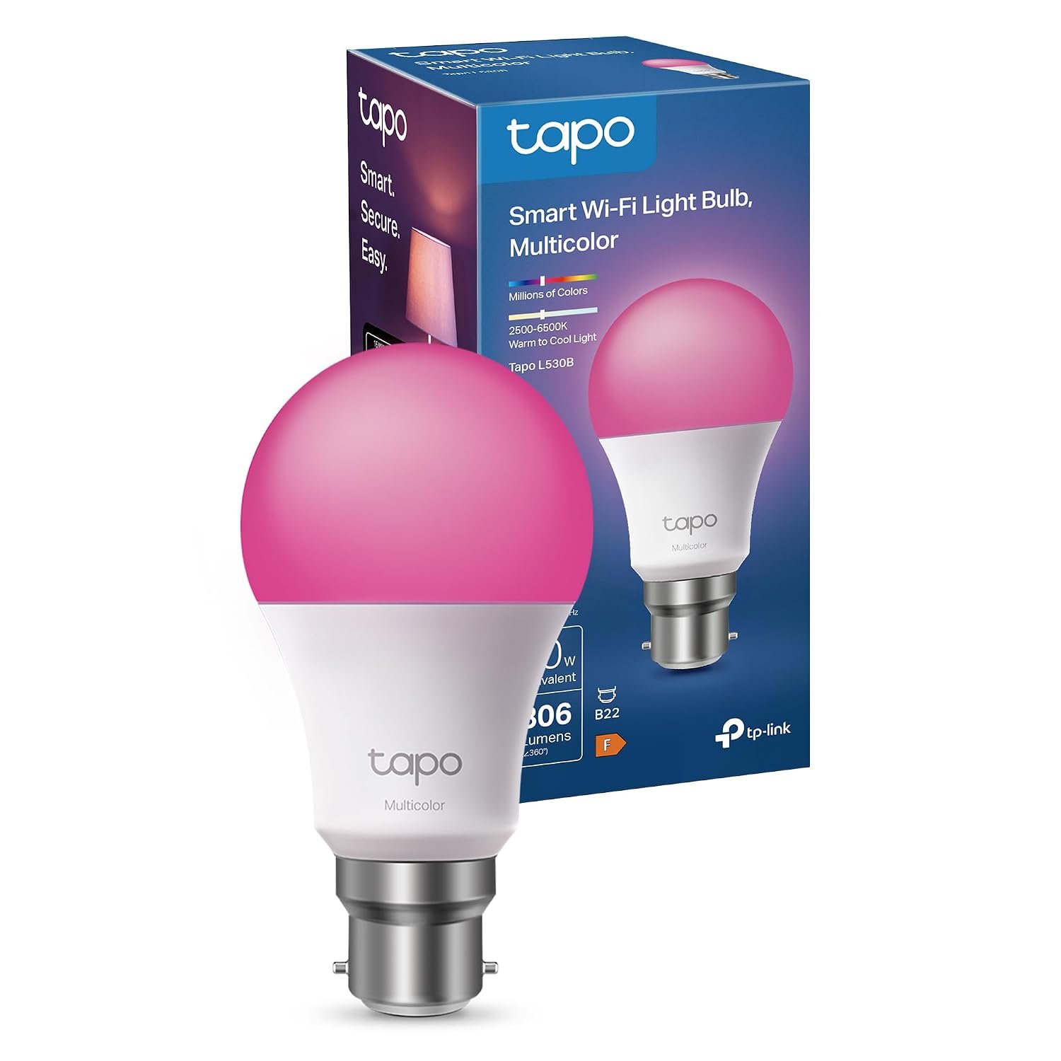 Tapo L530BA B22 Smart Bulb, Alexa Light Bulb, WiFi Smart Light Bulb, Multicolour, Dimmable, 8.3W (60W), Schedule and Timer, Away Mode, Energy Saving, Preset for Convenience, Works with Alexa, Google