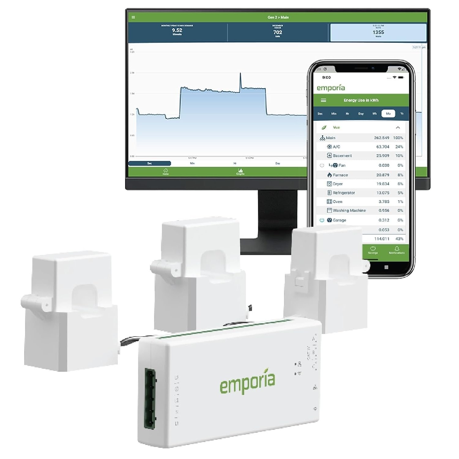 Emporia Vue 3 3-Phase Smart Energy Monitor – Real-Time Electricity Usage Monitor and Power Meter for Business or Home, Solar and Net Metering Compatible, Smart Automation Ready with 16 circuit sensors