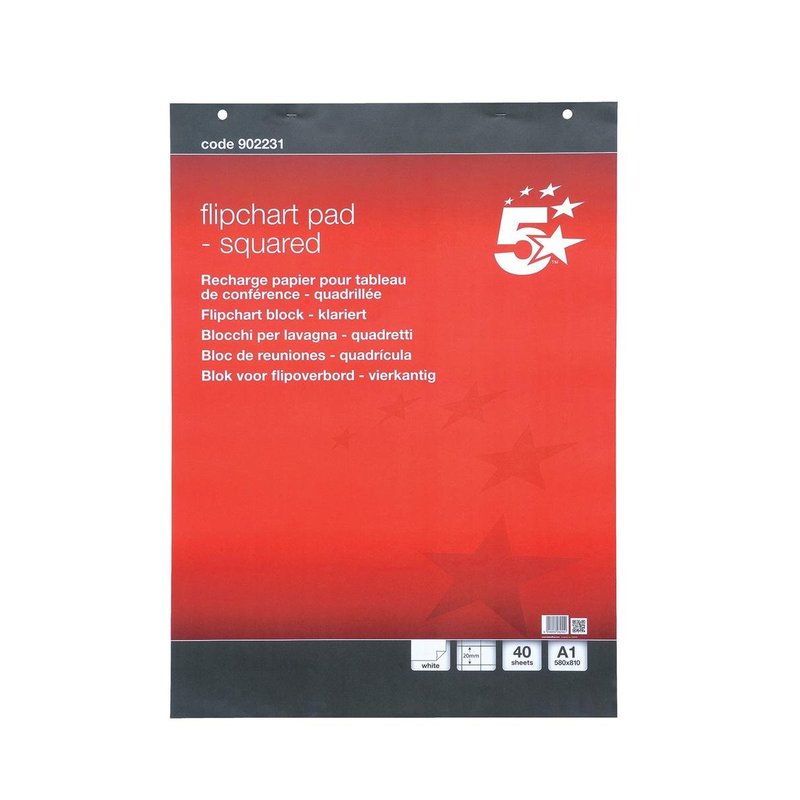 5 Star Office (A1) Flipchart Pad Perforated 40 Sheets Feint 20mm Squared (Pack of 5)