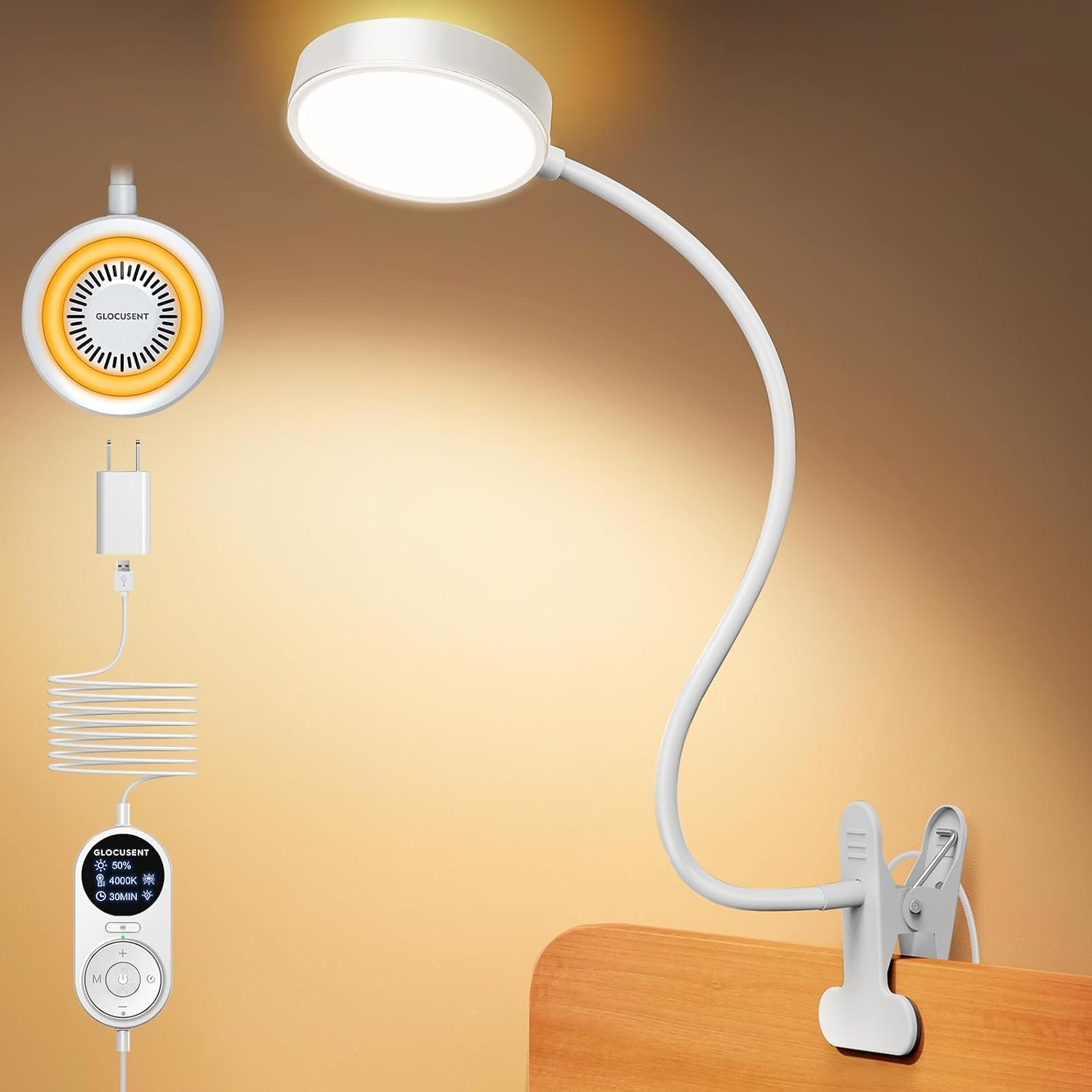 Glocusent Clip On Light, 72 LED Desk Lamp with 3 Colors & 5 Brightness, Flexible Clip on Lamp with Amber Night Light, 30/60-Min Timer, Eye Caring, for bed/Reading/Studying/Working (White with Adapter)