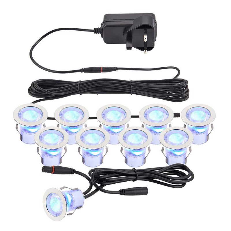 KIOS II Pack of 10 Blue 30mm LED Round Garden Decking/Kitchen Plinth Lights Kit - IP44 Rated