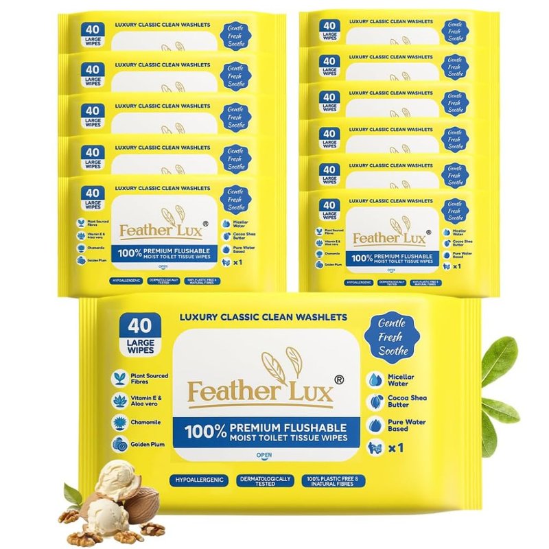 Wet Toilet Wipes Flushable for Adults,12x 40 Flushable Toilet Wipes with Cocoa & Shea, Micellar, Aloe Vera & Vitamin E Moist Toilet Tissue Bum wipes Large,Chamomile,Plum and Biodgradable