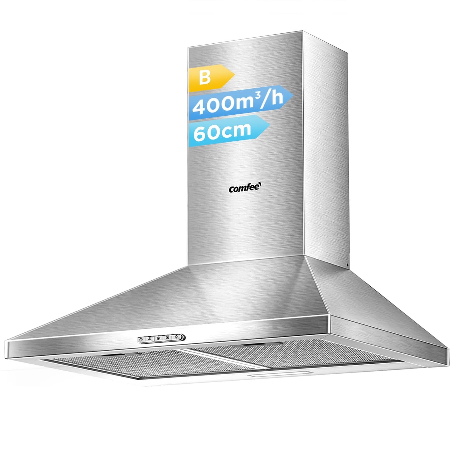 COMFEE' 60 cm Chimney Cooker Hood Stainless Steel Extractor Hood with LED and Recirculating & Ducting System Wall Mounted Range Hood 600 mm Extractor Fan - Silver KWH-PYRA17SS-60