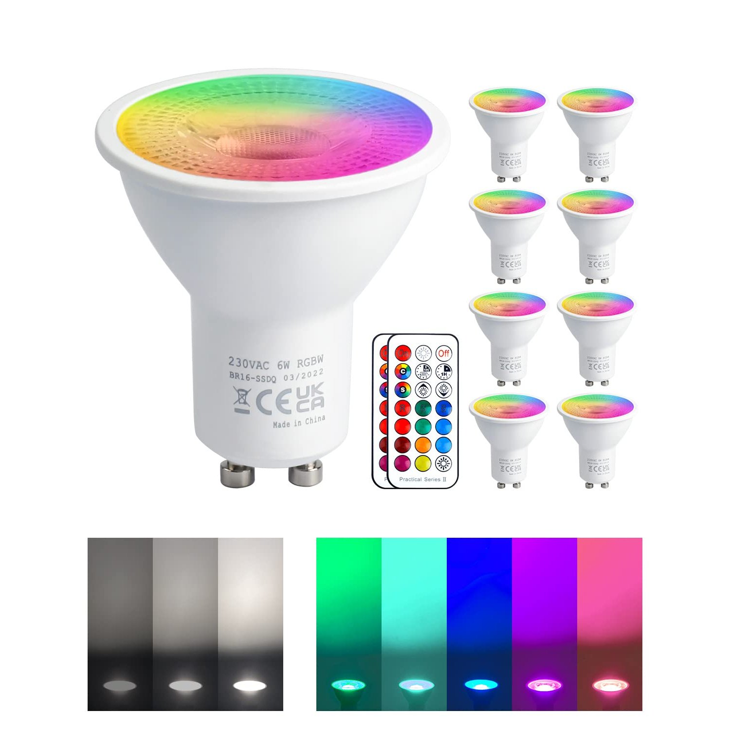REYLAX GU10 Colour Changing LED Bulbs Dimmable 50 Watt Equivalent with Remote 5W GU10 Spotlight Cool White 12 Colours RGBW Spot Lights 5 Modes Timer for Atmosphere and Daily Lighting Pack of 8
