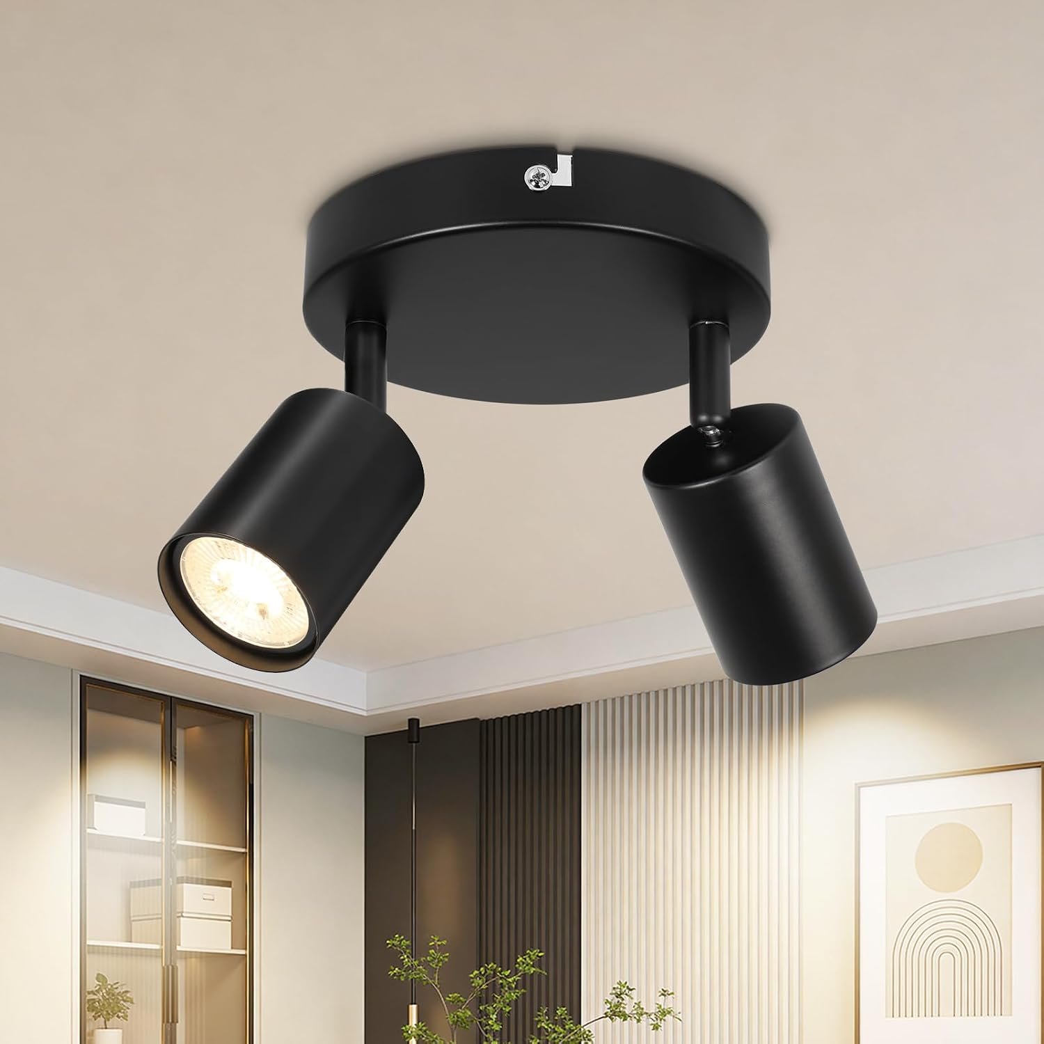 Dehobo GU10 LED Ceiling Light with 2 Spotlights, 350° Swivel, Modern Design, Black Round Design, Indoor Wall Light for Kitchen, Living Room, Bedroom, Without Bulb
