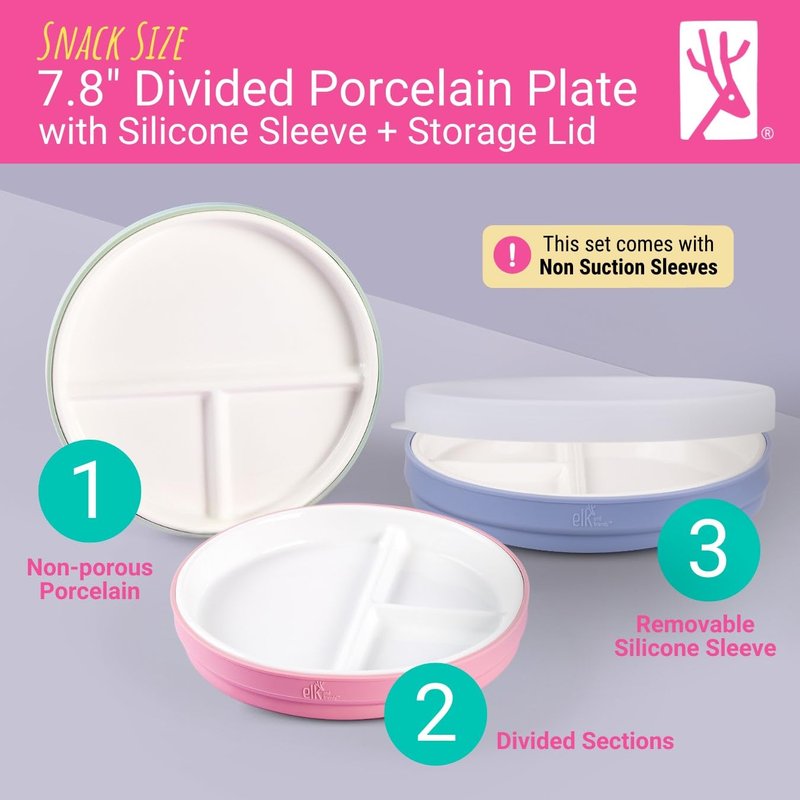 Elk and Friends Kids 7.8” Porcelain White Divided Plates with Silicone Sleeves + Lids | Suitable for Babies/Toddlers | Microwave & Dishwasher Safe | Non Slip Dinnerware | Snack Dishes | 4 Pack