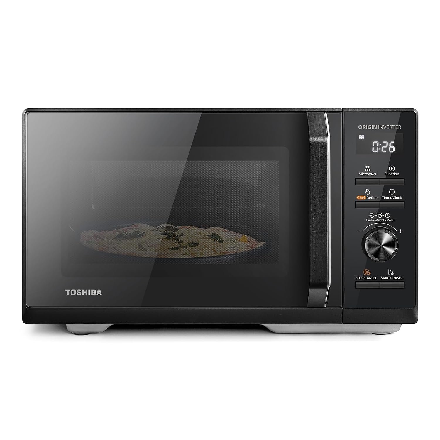 Toshiba Black Microwave 25Liter 900W Digital Microwave Oven With Origin Inverter, Chef Defrost, 10 Power Levels, 7 Auto Menus, Clock &Timer, Easy Clean, Perfect for 10'' Pizza, MW3-AM25PFI(BK)