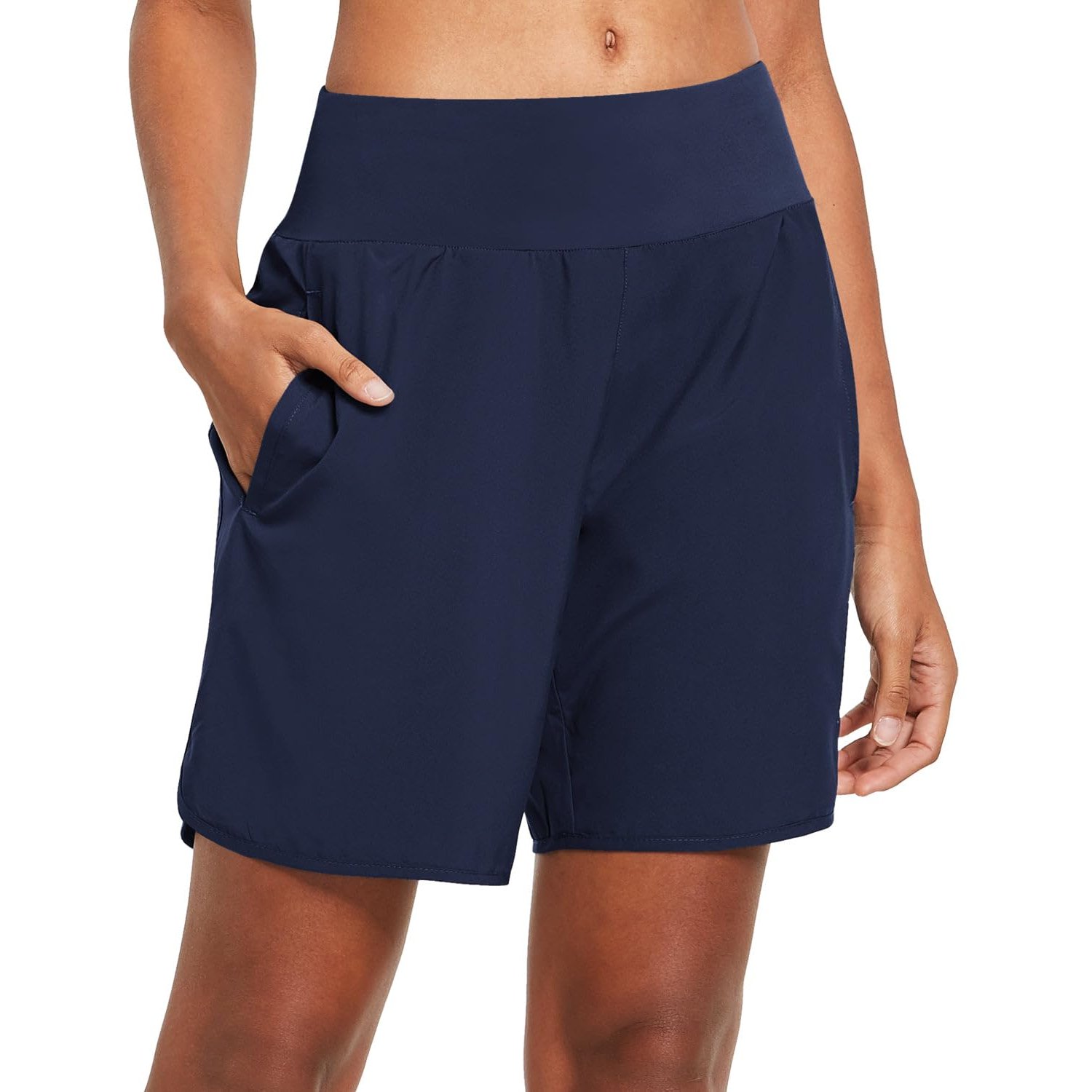 baleaf Women's Running Shorts 2 in 1 High Waisted Gym Shorts Quick Dry with Back Zipper Pockets for Yoga Workout Navy L