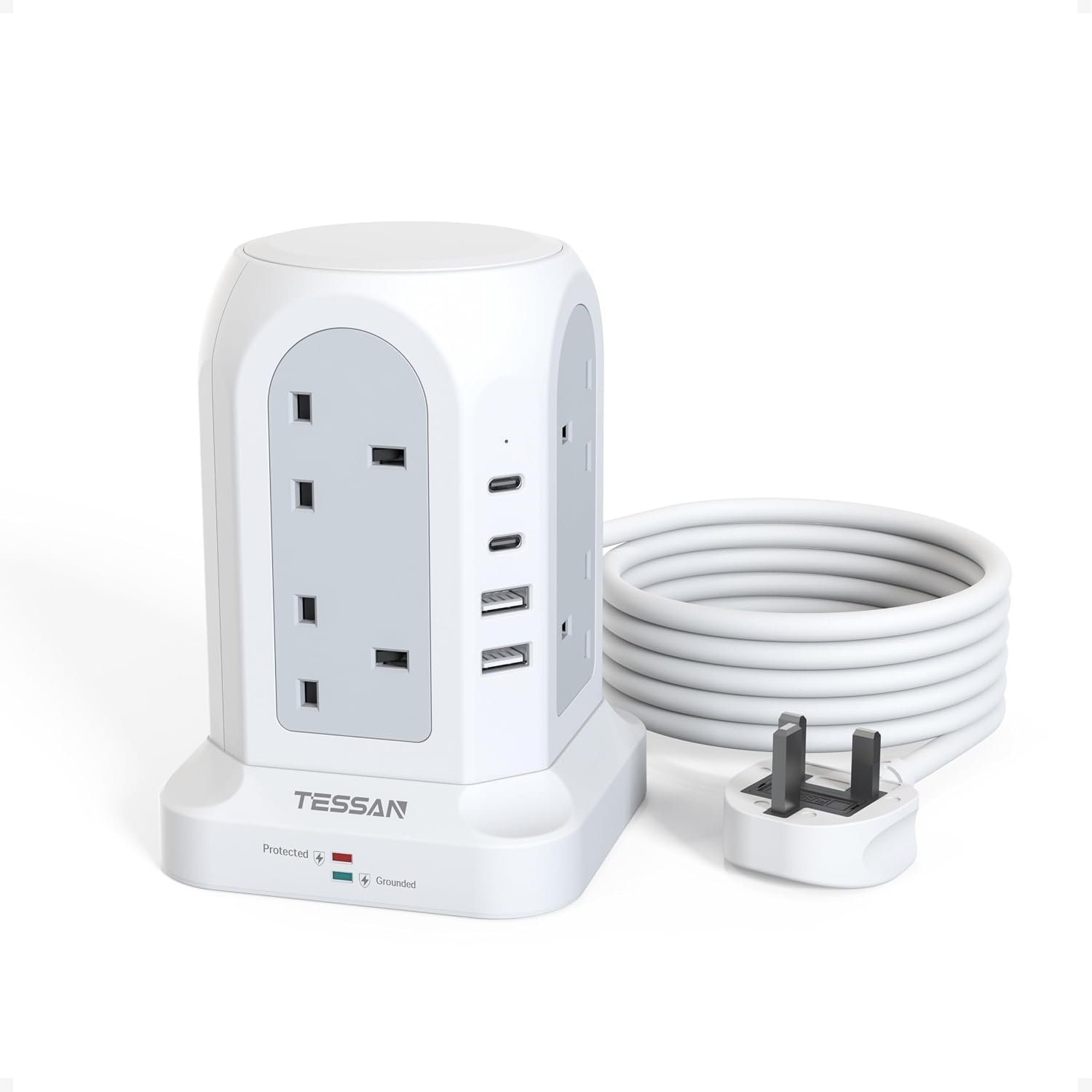 TESSAN Tower Extension Lead 3M with 4 USB Slots (2 USB C), Extension Lead Surge Protection, 8 Way Multi Plug Power Strip with Switch, Plug Extension Socket with 3 Meter Cable for Home, Office, School