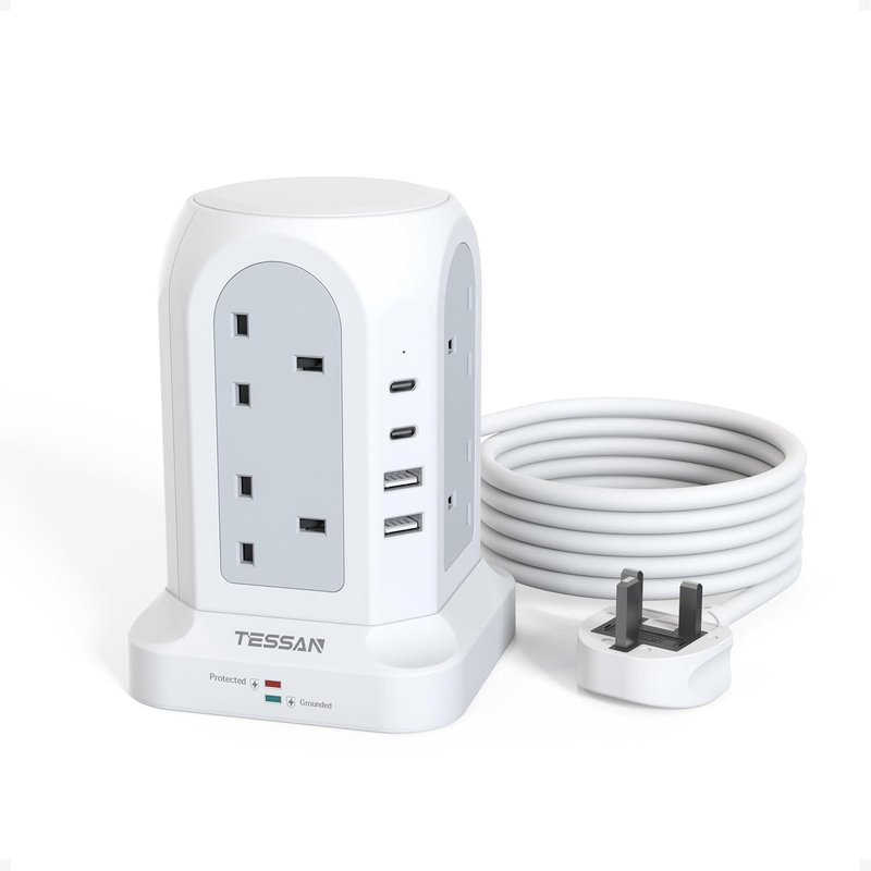 TESSAN Tower Extension Lead 3M with 4 USB Slots (2 USB C), Extension Lead Surge Protection, 8 Way Multi Plug Power Strip with Switch, Plug Extension Socket with 3 Meter Cable for Home, Office, School