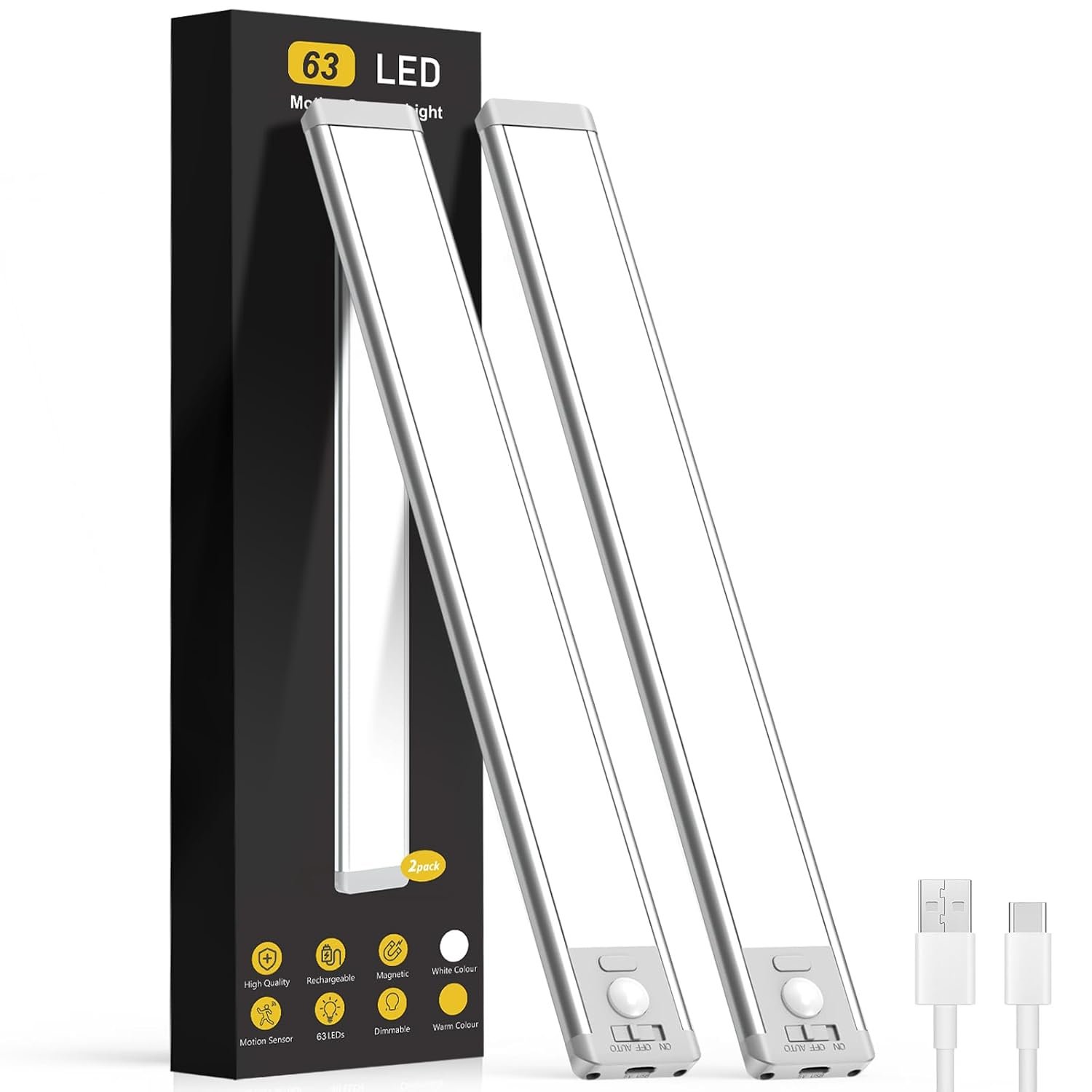 Under Cabinet Kitchen Lights, 14.7" Rechargeable Motion Sensor Lights Indoor, 2200mAh Magnetic Dimmable Under Cupboard Kitchen Lights, Wireless LED Strip Light for Stairs, Wardrobe, Hallway, 2 Pack