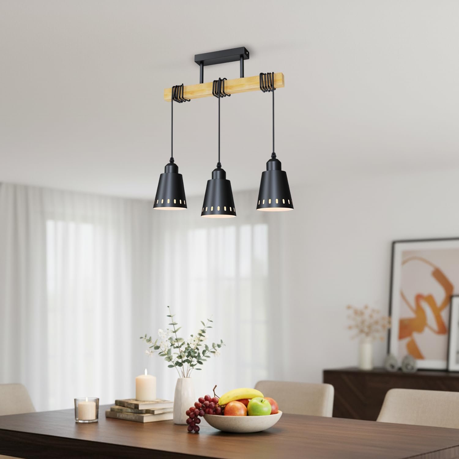 LVWIT Black Hanging Lights,Kitchen Island Lights,Pendant Lighting,Wood Ceiling Light Fitting,3 Way Drop Lights Ceiling,Industrial Ceiling Lights for Lving and Dining Room(E27 Base,NO Bulbs)