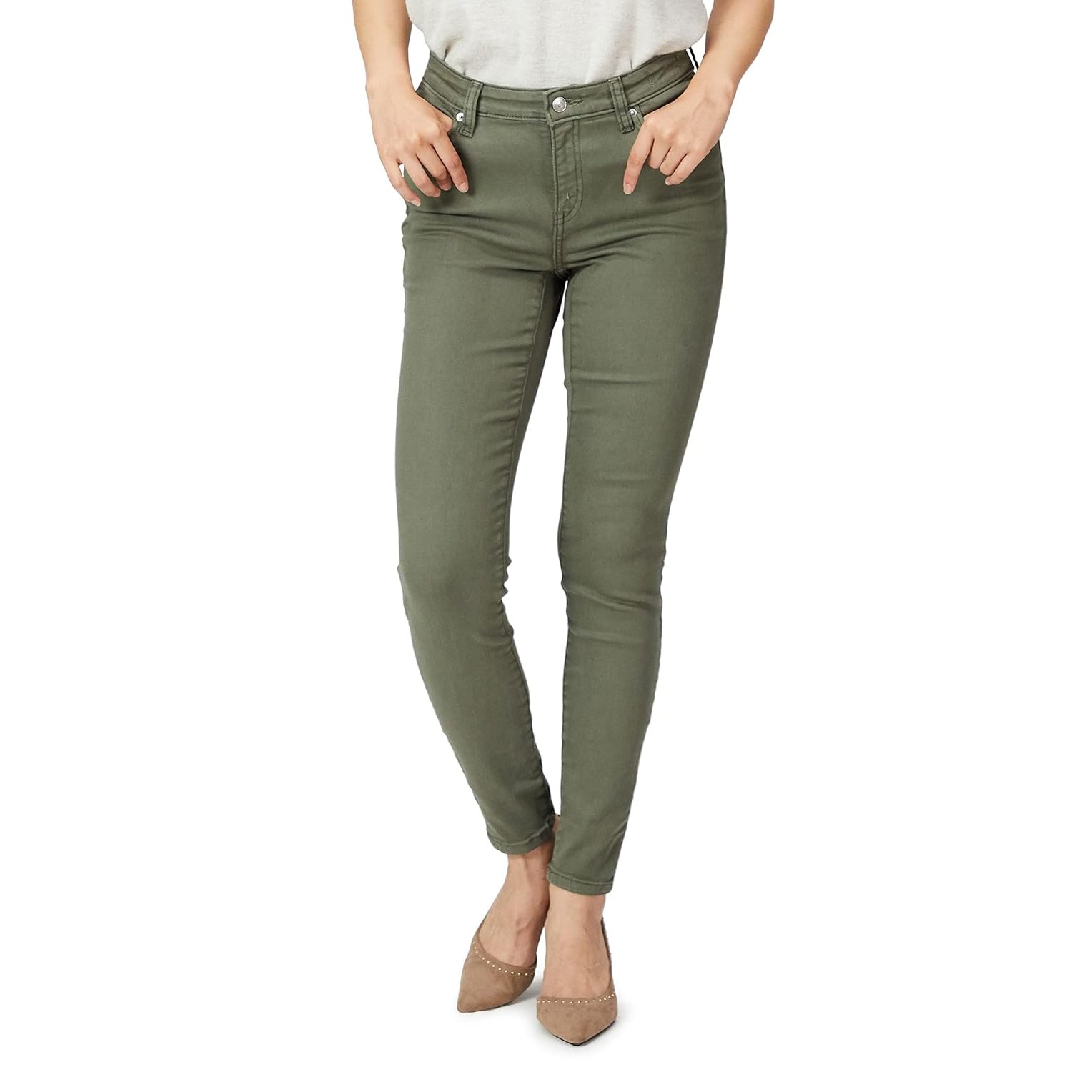 Amazon Essentials Women's Mid-Rise Stretchy Skinny Jeans, Light Olive, 12