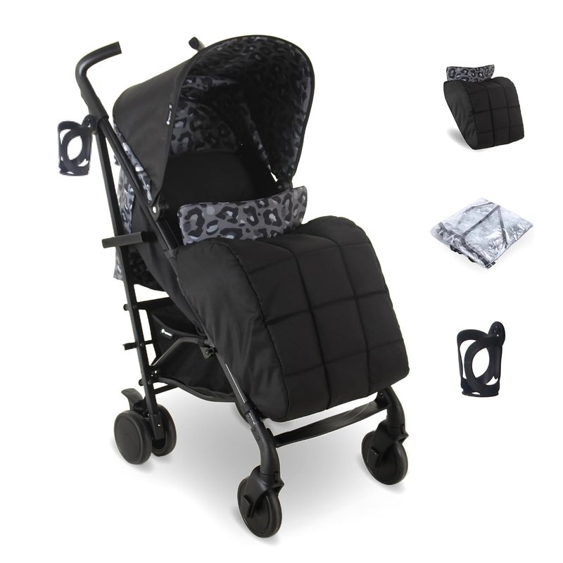 My Babiie MB51 Stroller – from Birth to 4 Years (22kg), Lightweight, Umbrella Fold, Travel Buggy for Toddlers, Pushchair Includes Footmuff, Cup Holder, Rain Cover - Black Leopard