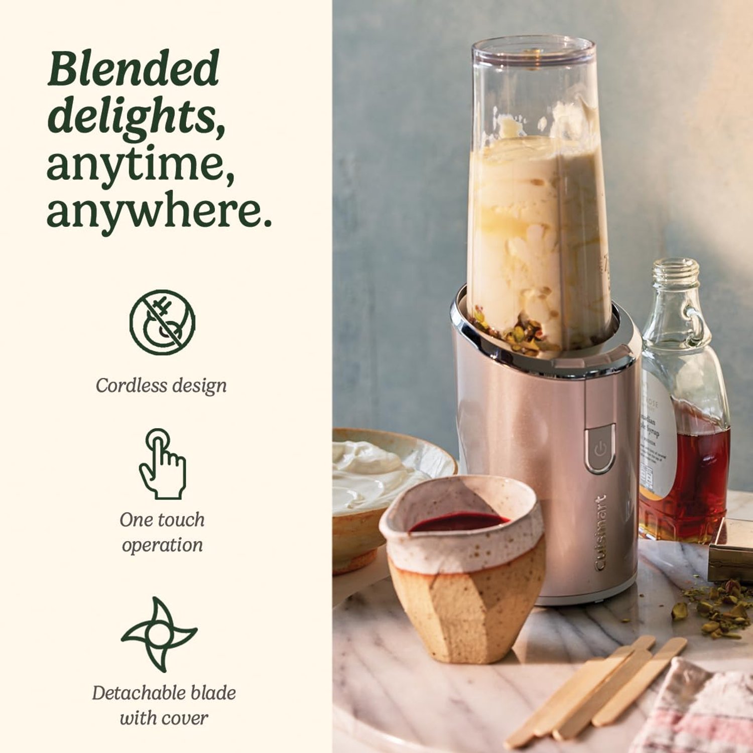 Cuisinart Cordless on the Go Blender 450Ml Bottle Portable Smoothie Maker, Ice Crusher, Frappe, Milkshakes Usb Rechargeable, Handheld Tritan Bpa Free Blending Cup with Lid Included