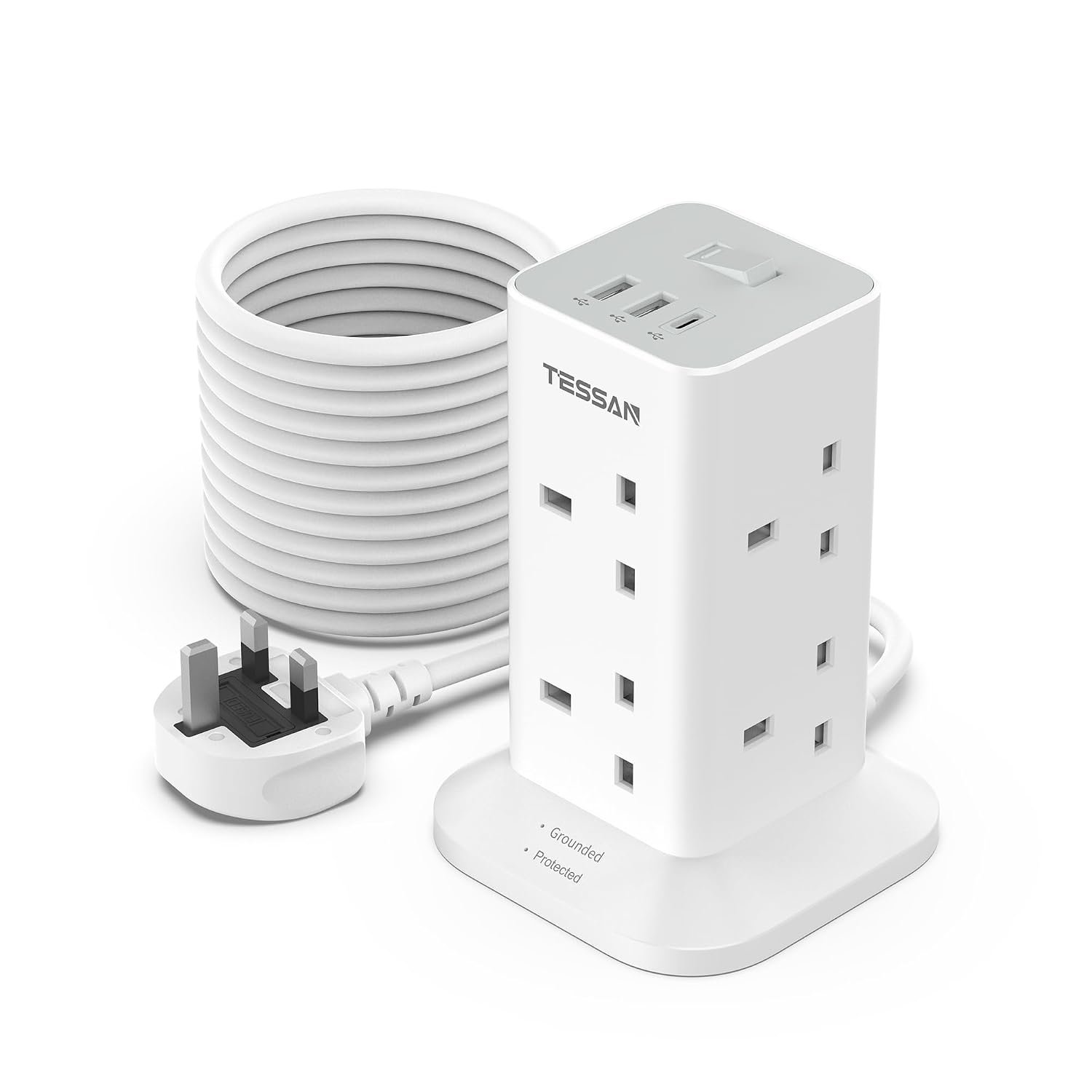 TESSAN Tower Extension Lead 10M with USB C Slots, 8 Way Multi Plug Extension Socket with Long Cable, Surge Protected Power Strip with Switch, for Home, School Supplies