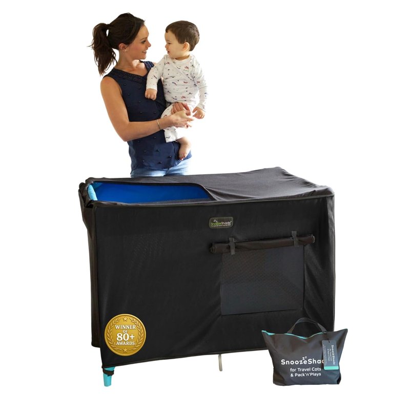 SnoozeShade Travel Cot Blackout Cover and Sleep Canopy Breathable Baby Mesh Blocks 94% of Light Universal Fit for Holiday Cribs Nursery Mosquito Protection and Naps Away from Home