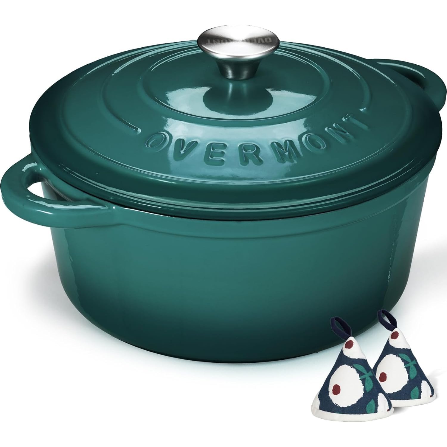 Overmont 26cm/5.2L Enamelled Cast Iron Round Casserole Pot With Lid Cookbook & Cotton Potholders - Non-stick Dutch Oven Cookware for Braising, Stews, Roasting, Bread Baking - Bottle green, 5.5QT