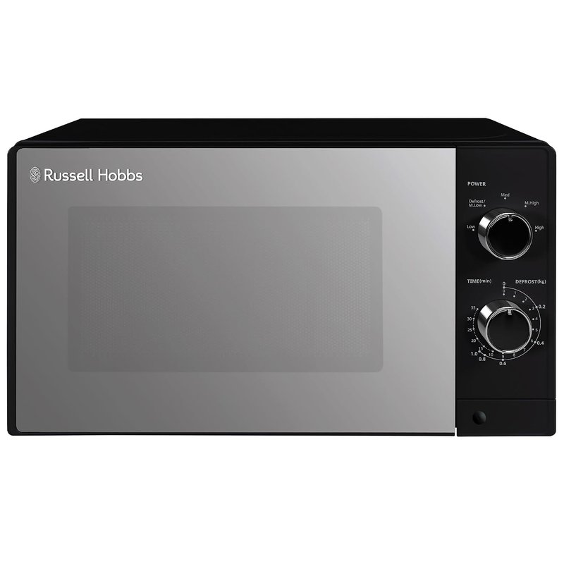 Russell Hobbs 20 Litre 800W Black Solo Manual Microwave with Mirrored Door, 5 Power Levels, Integrated Timer and Defrost Function, Easy Clean RHM2027B