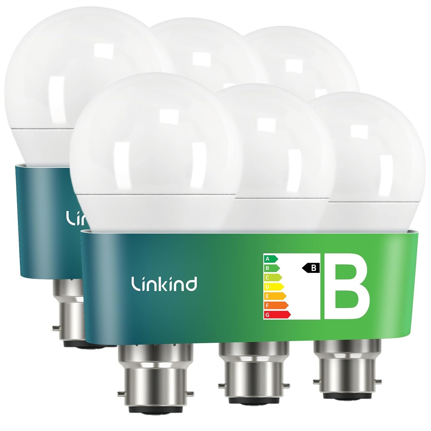 Linkind Ultra-efficient B22 Bayonet Light Bulb, 4.3W = 60W, 806lm, 2700K Warm White, 50,000H Lifespan, Energy Class B, Non-dimmable, Pack of 6