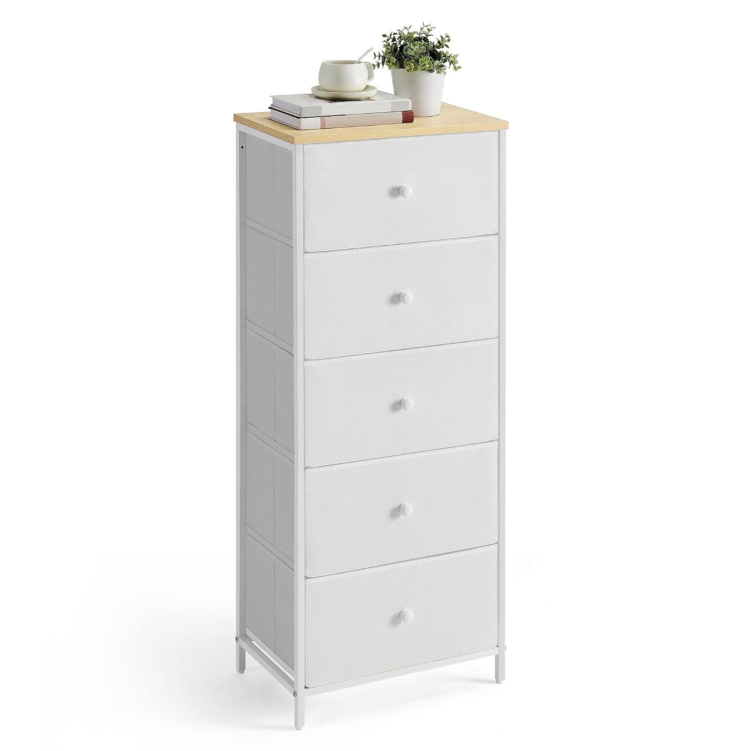 SONGMICS Chest of Drawers Bedroom, Drawer Storage Unit, Dresser with 5 Fabric Drawers, Metal Frame, Tall and Slim, for Closet, Camel Yellow and Cream White LTS315W01