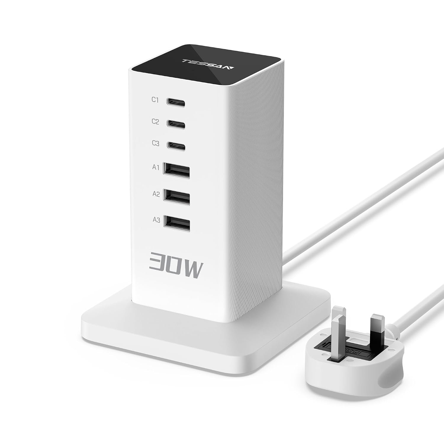 TESSAN USB C Charger Plug, 30W USB Charging Station for Multiple Devices, 6-Port Charging Hub with 2m Extension Cord, Multi Charger Block for Smartphones, Tablets