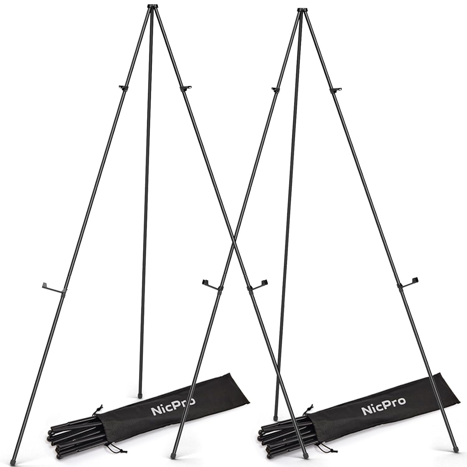 Nicpro Folding Easels for Display, 2 Pack 63 Inch Metal Floor Easel Stand Tripod Black Portable for Artist Poster Wedding with Carry Bag