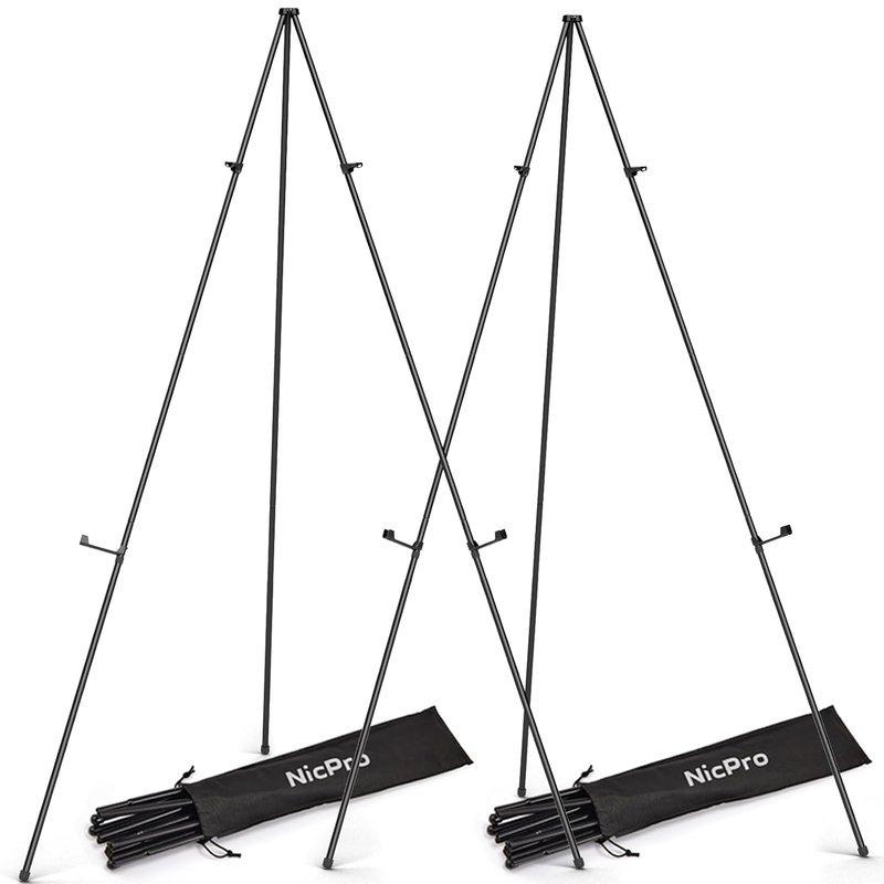 Nicpro Folding Easels for Display, 2 Pack 63 Inch Metal Floor Easel Stand Tripod Black Portable for Artist Poster Wedding with Carry Bag