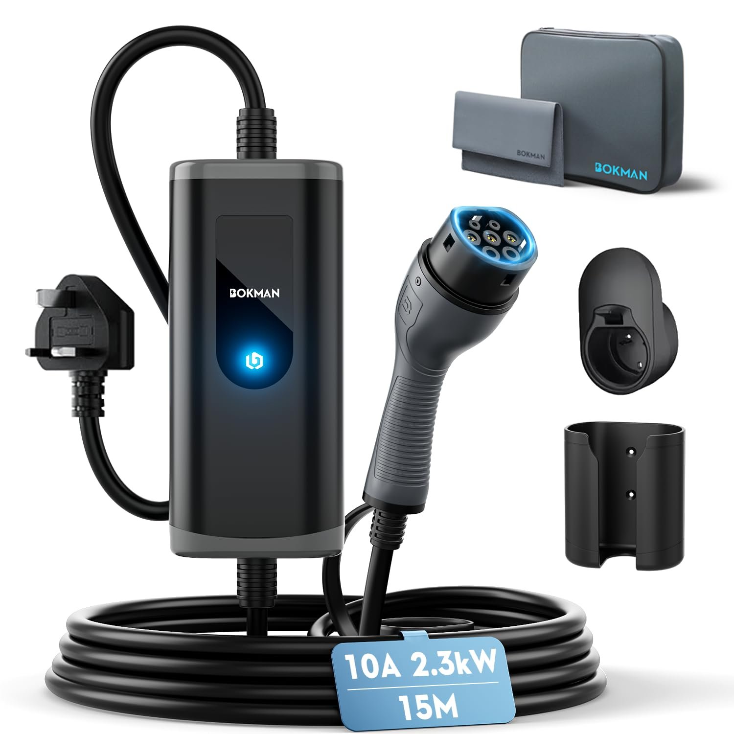 bokman EV Charger Type 2 to 3 Pin Plug, 15M | 2.3kW | 10A | IP65 Waterproof, Electric Car Charger Type 2 Charging Cable 3 Pin with LED Indicators & Carry Bag & Microfiber Towel