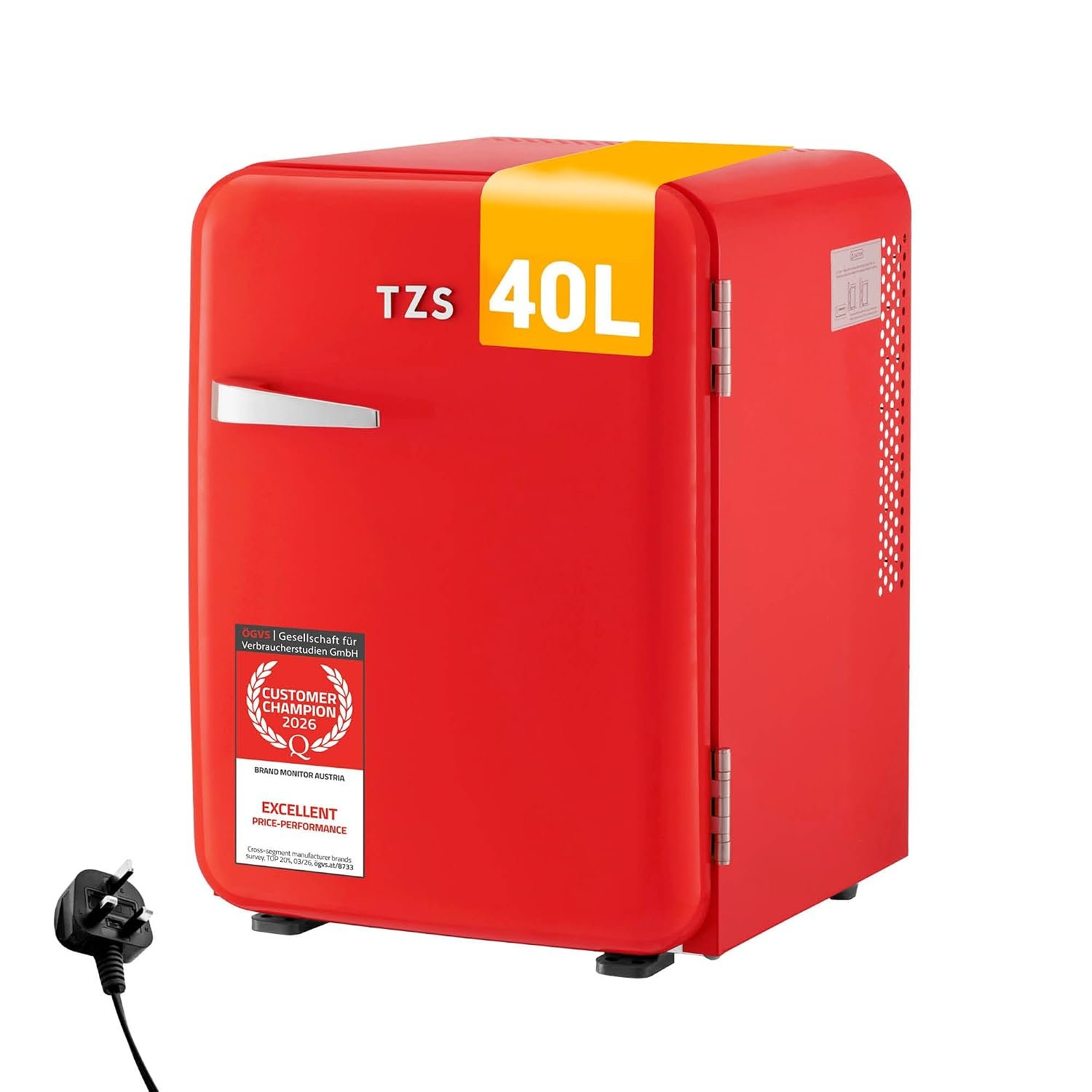 TZS First Austria - Retro Mini Fridge 40L Silent - Small mini fridge in vintage design with interior lighting & 2 door compartments - Minibar for camping, office, bedroom & hotel - red