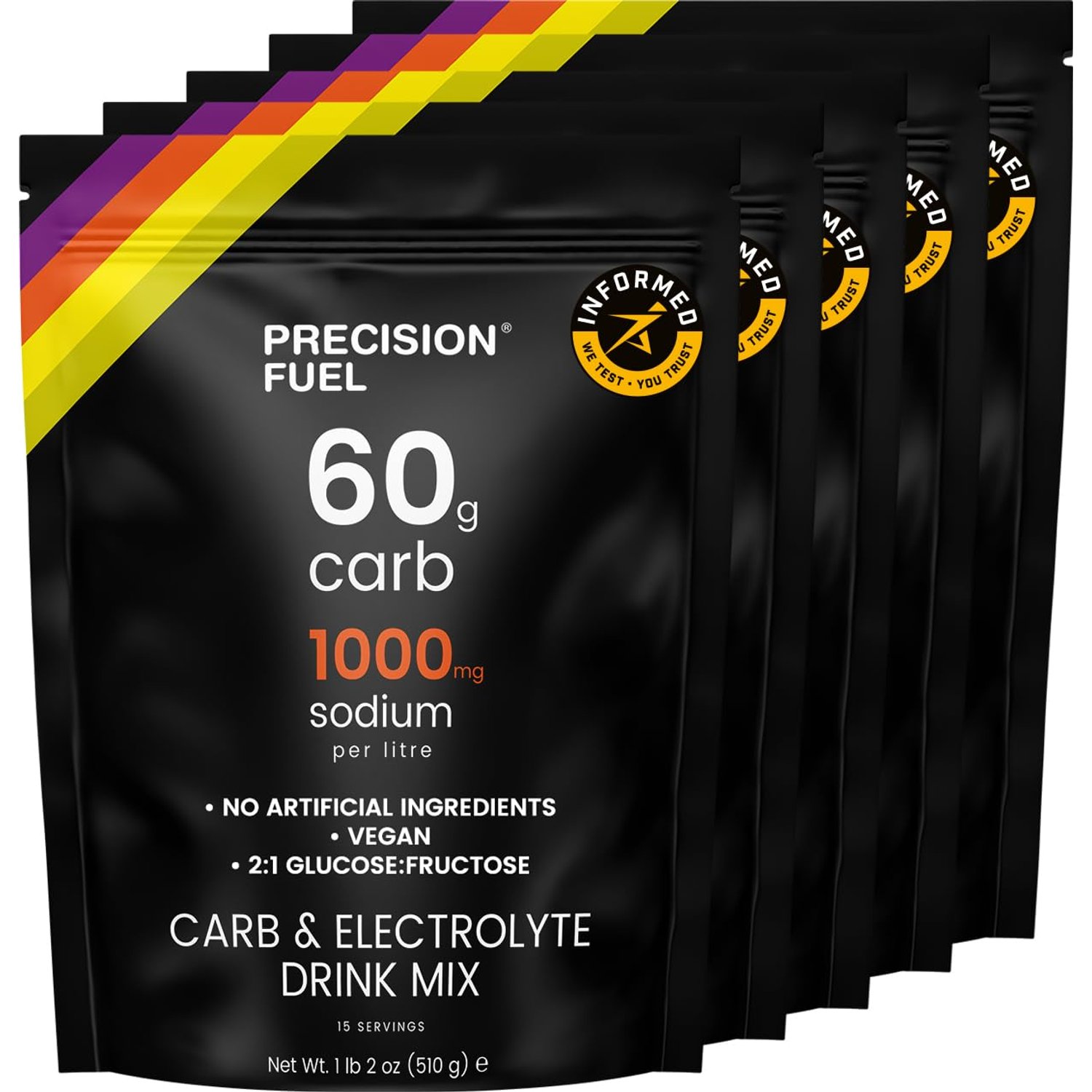 Precision Fuel Carb & Electrolytes Powder Drink Mix - High-Performance Energy Drink, 60g Carbs & 1000mg Sodium per Liter, Vegan, Citrus Flavor - for Intense Workouts & Endurance Sports (5-Pack)