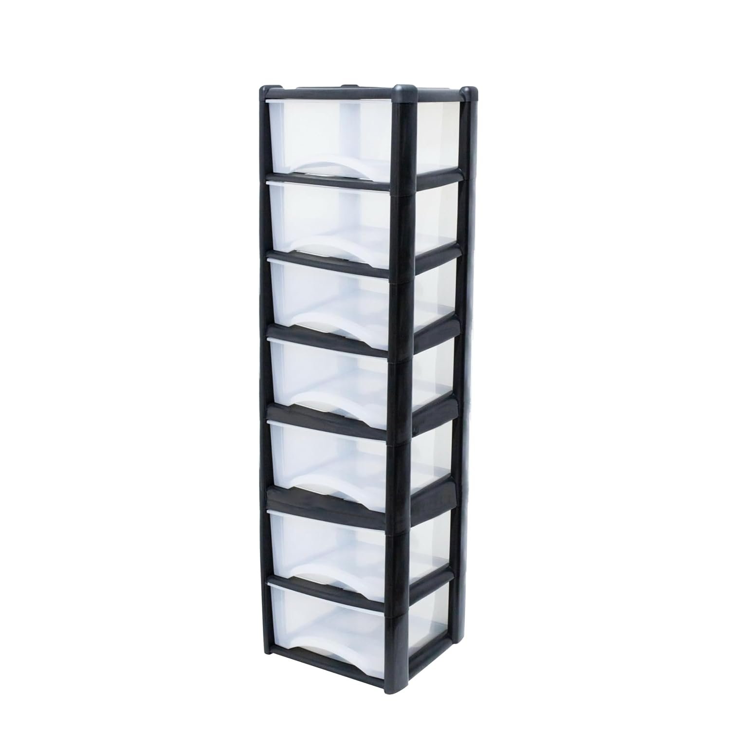 Neat. 7 Plastic Storage Drawers Unit with See-Through Drawers, Compact Vertical Design – Durable Plastic, Ideal for Organizing Office Crafts, and Household Items, 140cm x L39cm x W39cm - Black/Clear