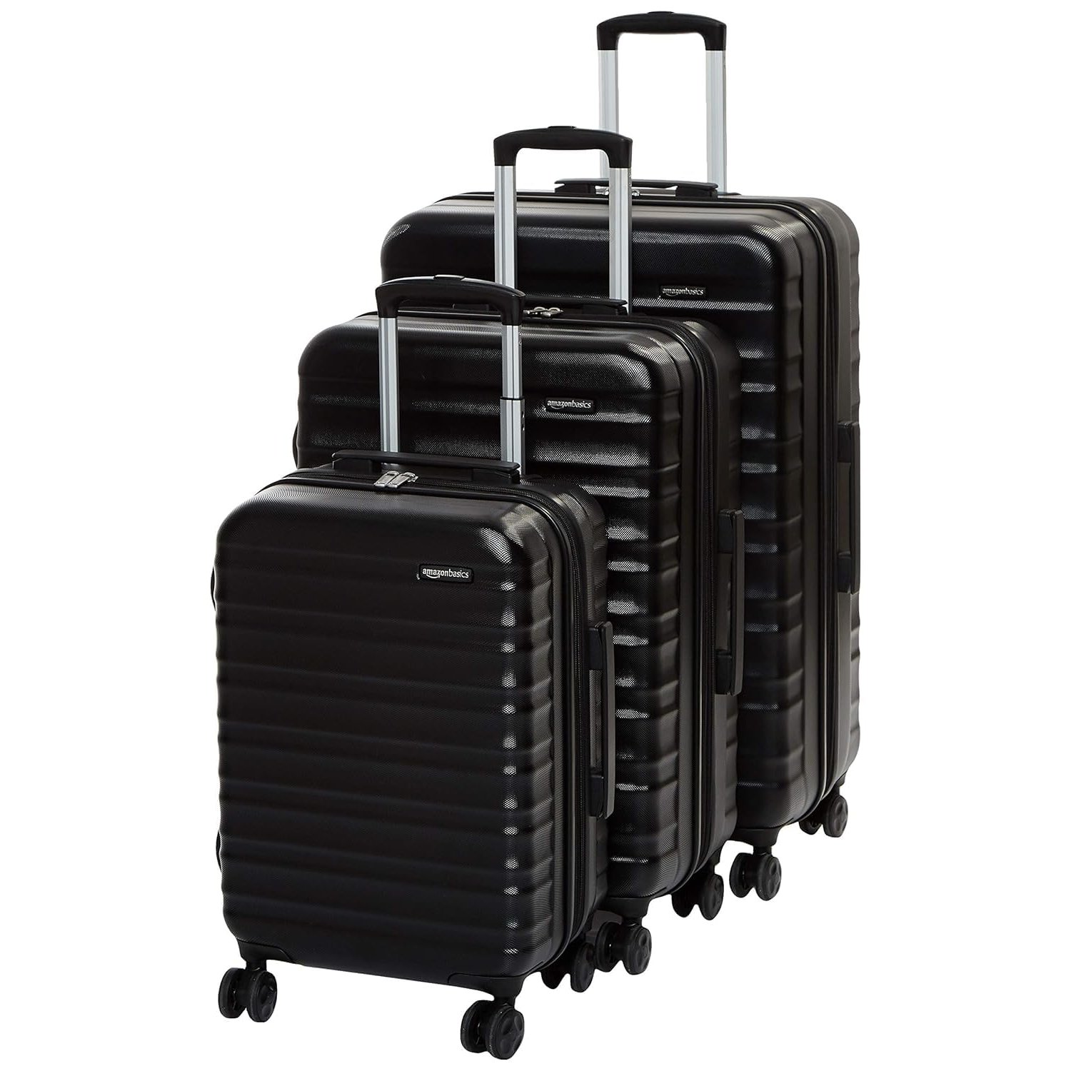 Amazon Basics Hard Shell Luggage Set (Small + Medium + Large) - Expandable ABS Travel Luggage with 4 Double Spinner Wheels - Scratch Resistant and Lightweight Construction - Black
