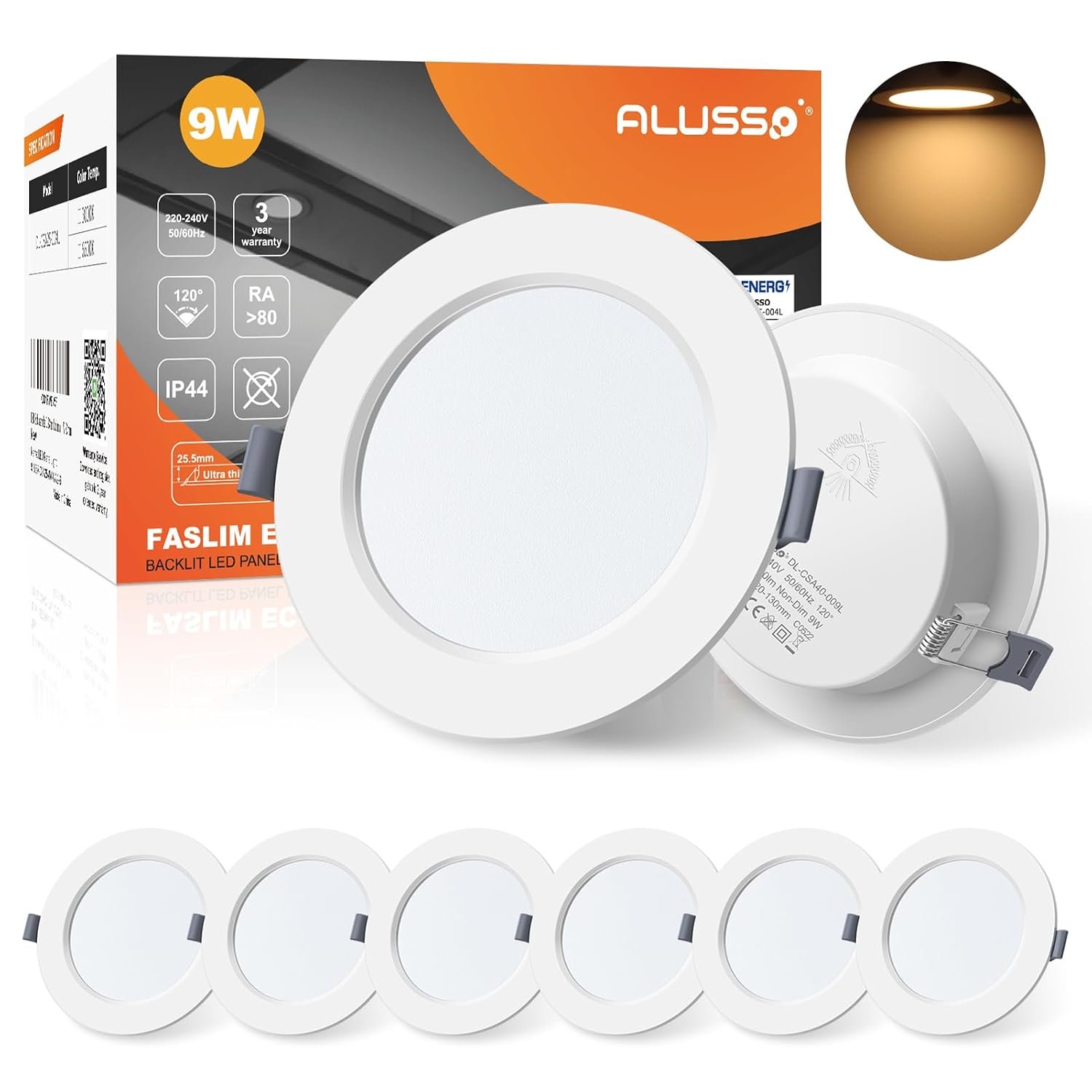 ALUSSO LED Downlights for Ceiling 9W Ultra Slim LED Recessed Ceiling Spot Lights 3000K Warm White IP44 Waterproof Spotlights Ceiling Lights for Bathroom Kitchen Living Room, 6 Pack
