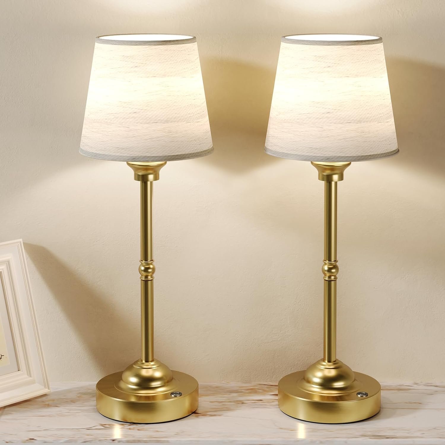 WHW3WIN 2 Pack Cordless Table Lamps, Fabric Desk Lamp with Stepless Dimming & 3 Colour Temperatures, 6000mAh USB-C Rechargeable Battery, Touch Control Night Light for Bedroom, Desk, Cafe