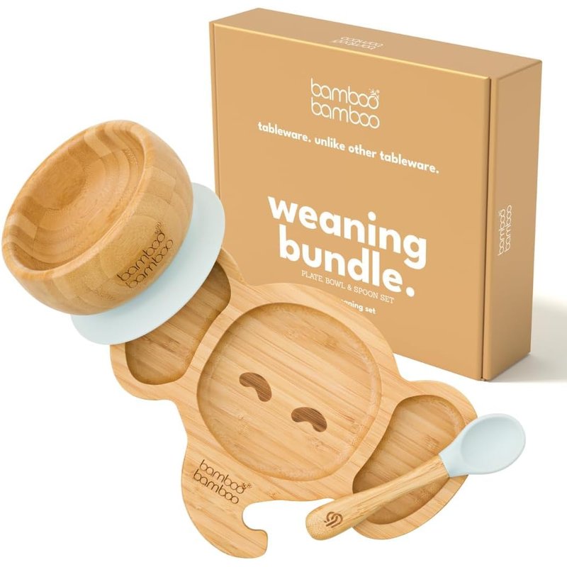 bamboo bamboo Baby Plate & Baby Bowl Set, for Feeding and Weaning Elephant Plate, Toddler Bowl & Baby Spoon, Suction Plates for Babies from 6 Months (Grey)