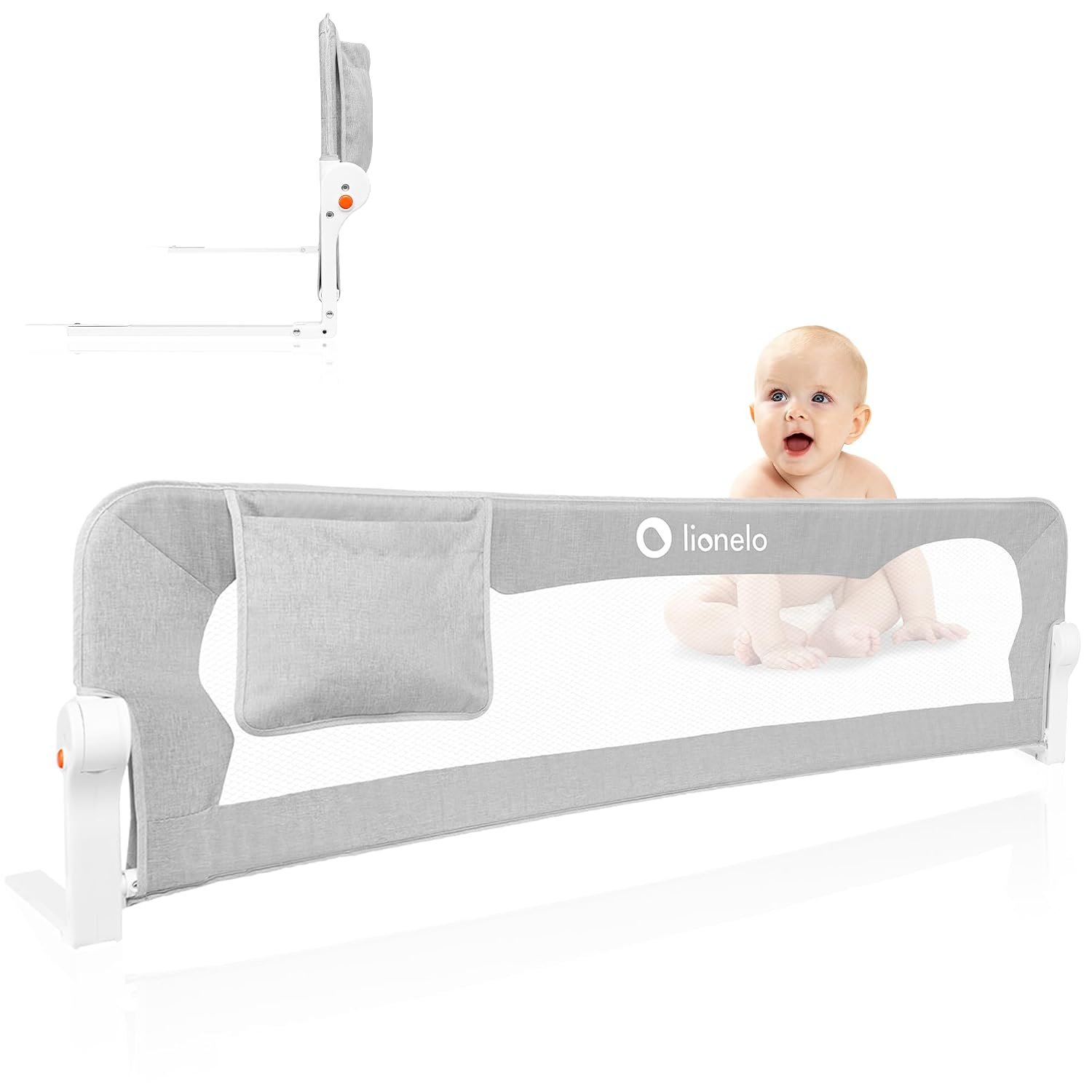 lionelo Eva Universal Bed Guard 150 L x 42cm H, Child Safety barrier with 180° Recline Foldable Design, StandSafe lock Storage pocket, Sturdy Durable Bedside Safety Gate for Children (Grey)