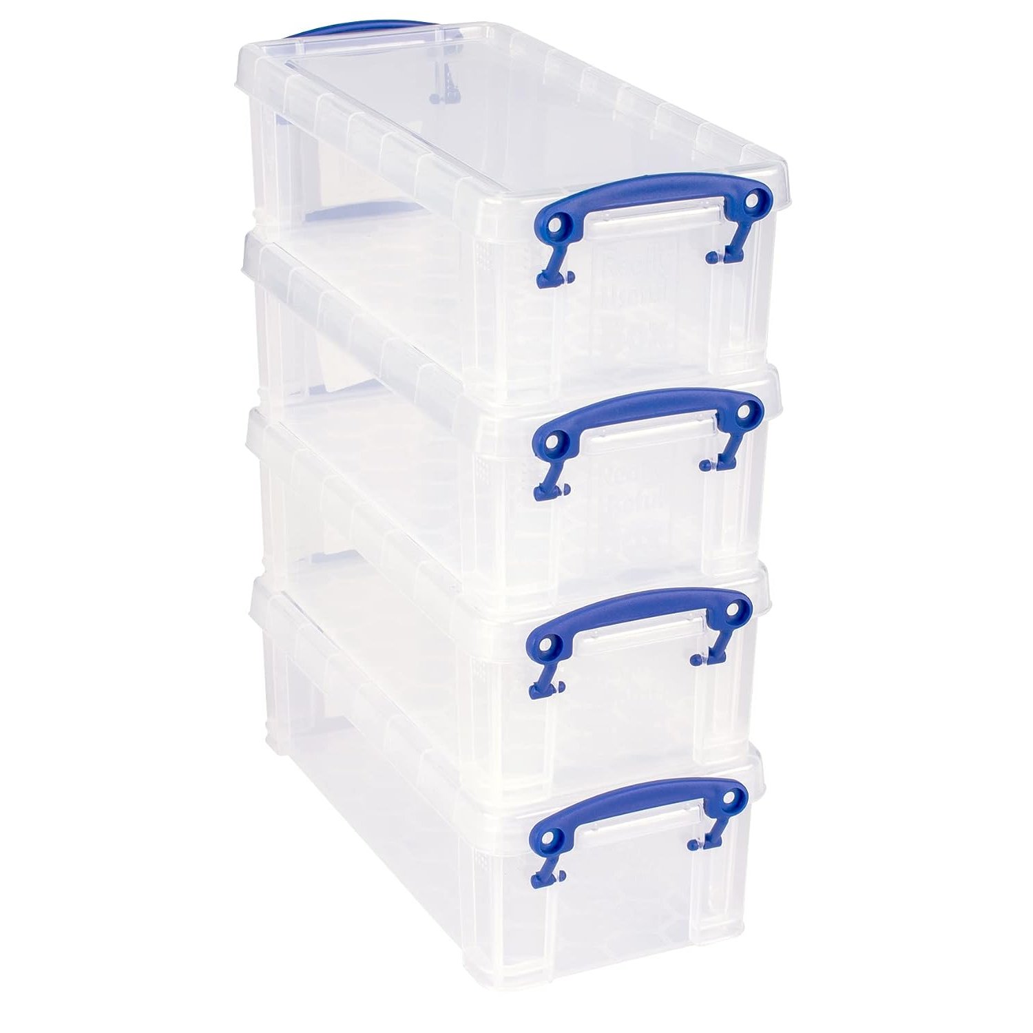 Really Useful Box Plastic Storage 0.9 Litre Clear (Pack of 4), external: 22 x 10 x 7 cm, internal: 18.5 x 8 x 6 cm