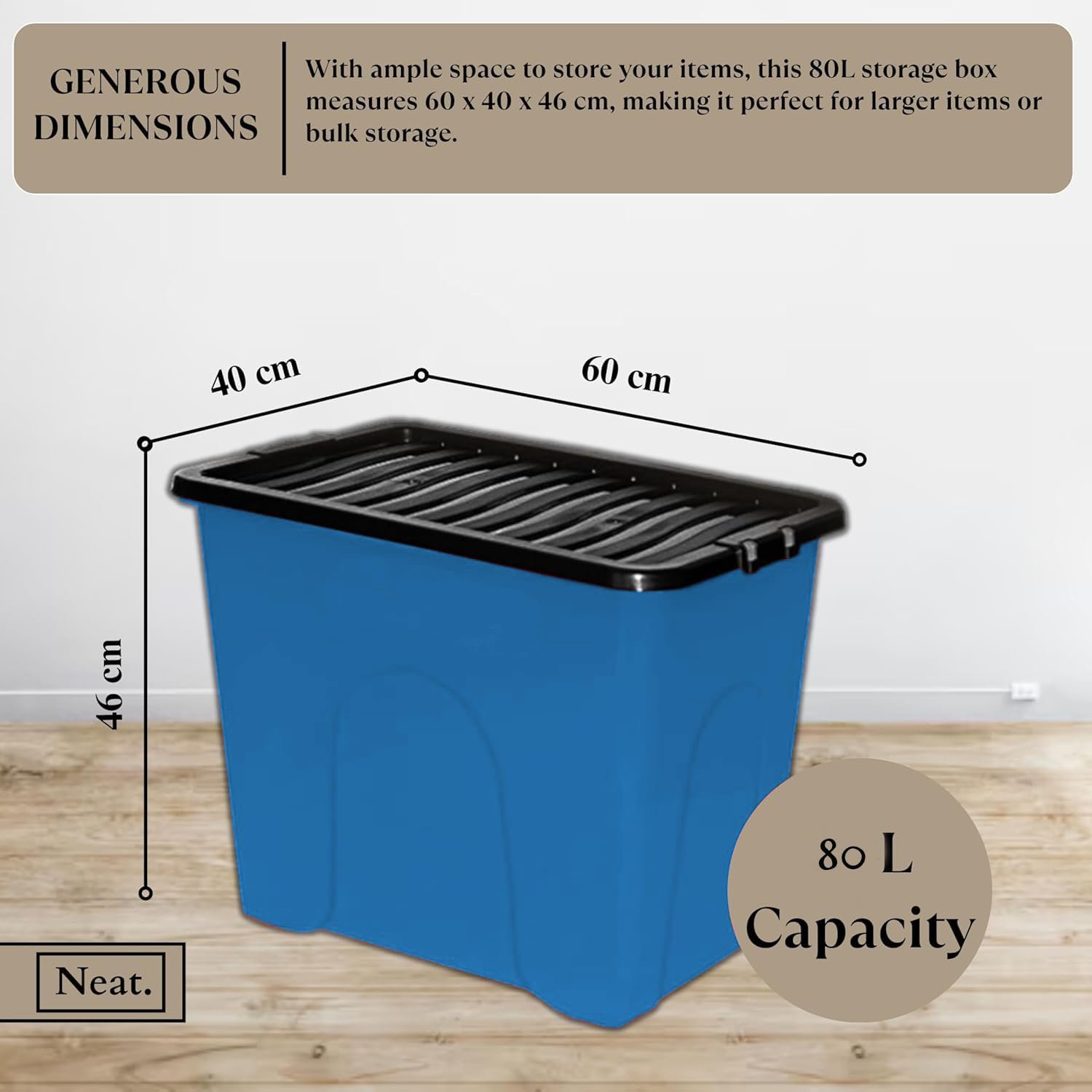Neat. Plastic Storage Box with Black Lid – Durable, Versatile & Space-Efficient Container with Secure Clip Lock, and Stackable Design, Storage in Garages, Closets, Office, Blue, Pack of 2