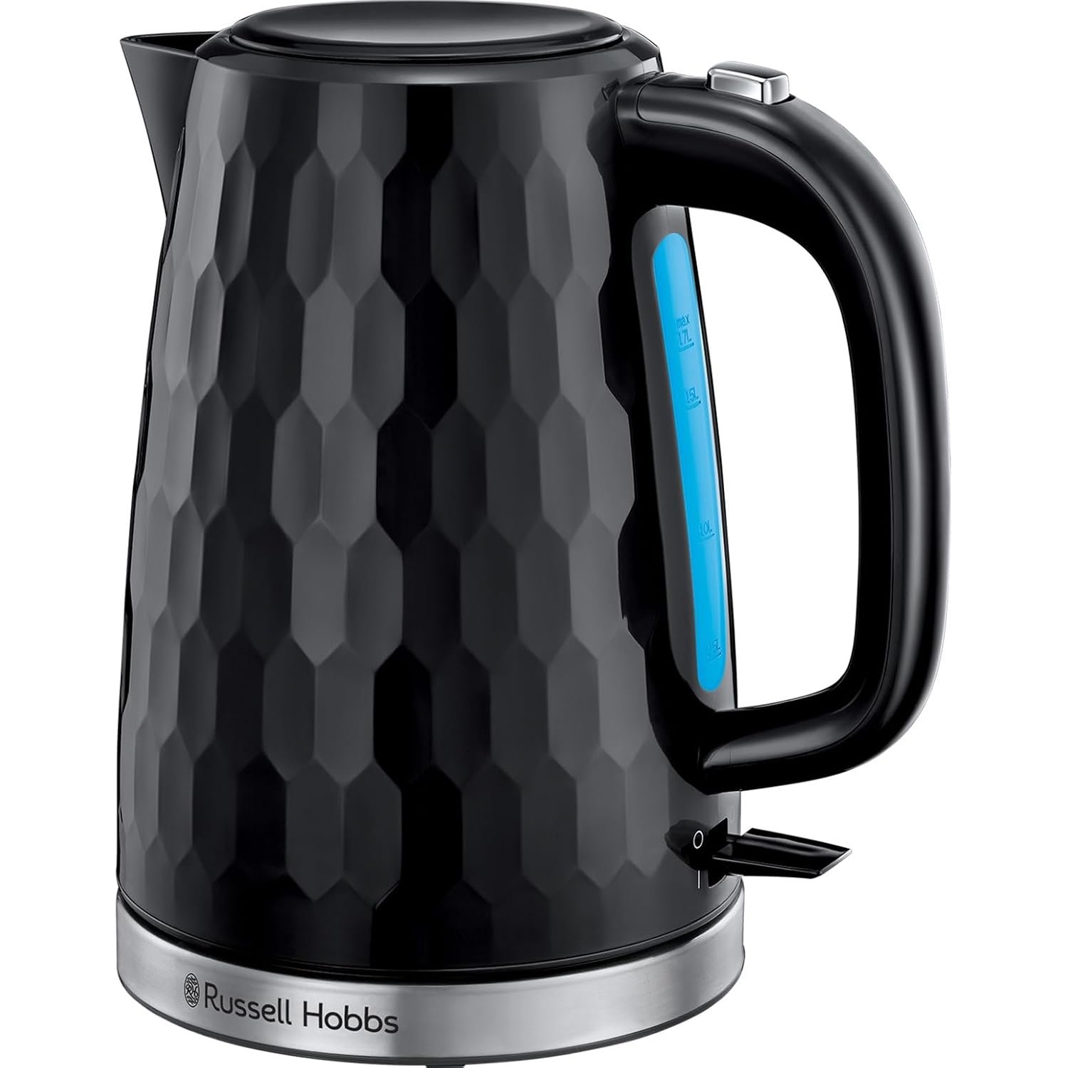 Russell Hobbs Honeycomb Electric 1.7L Cordless Kettle (Fast Boil 3KW, Black premium plastic, matt & high gloss finish, Removable washable anti-scale filter, Push button lid, Perfect pour spout) 26054