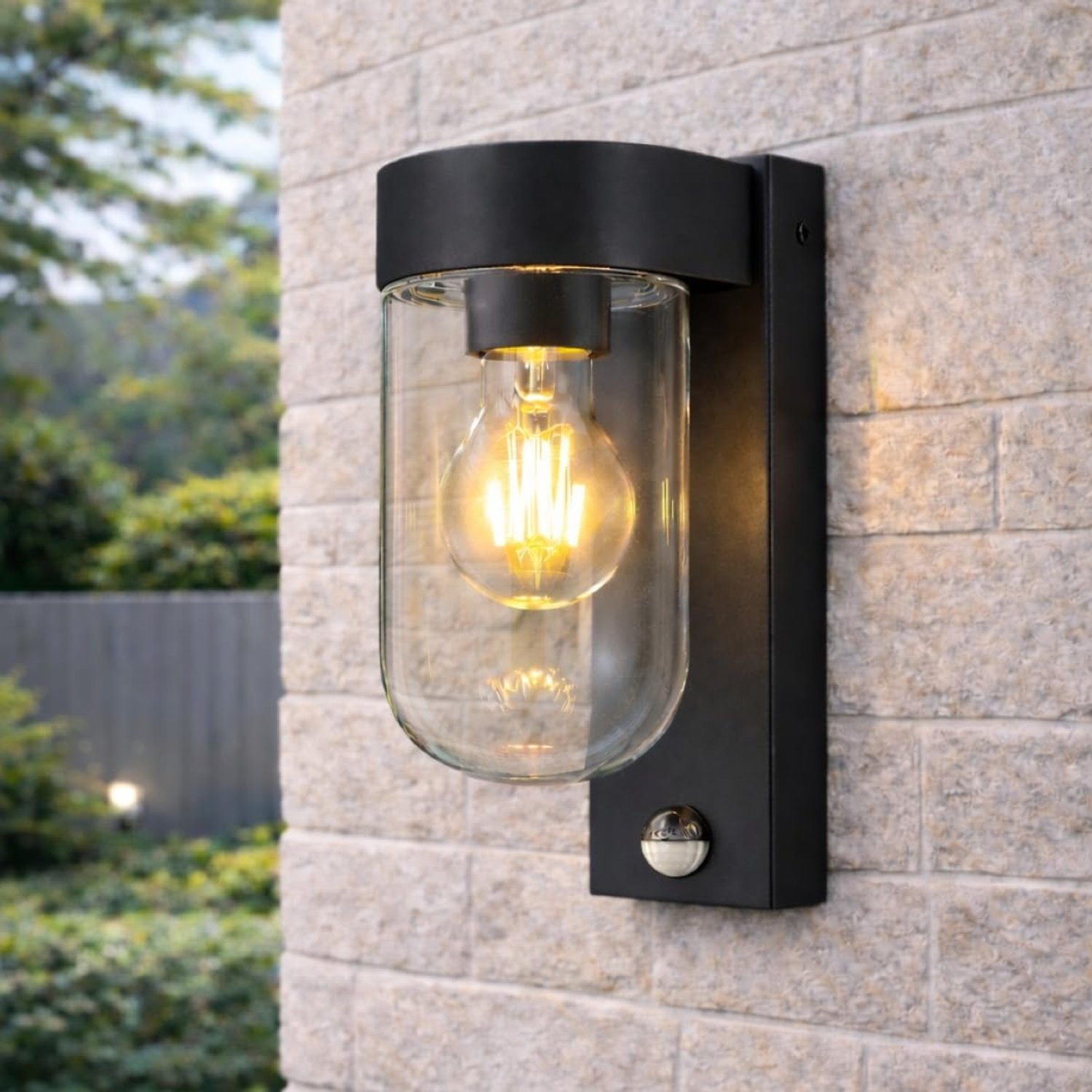CGC Lighting Outdoor Outside Wall Light Black Modern, E27 Bulb, Mains Powered, Garden, Porch, Patio (Black PIR with Glass Diffuser)