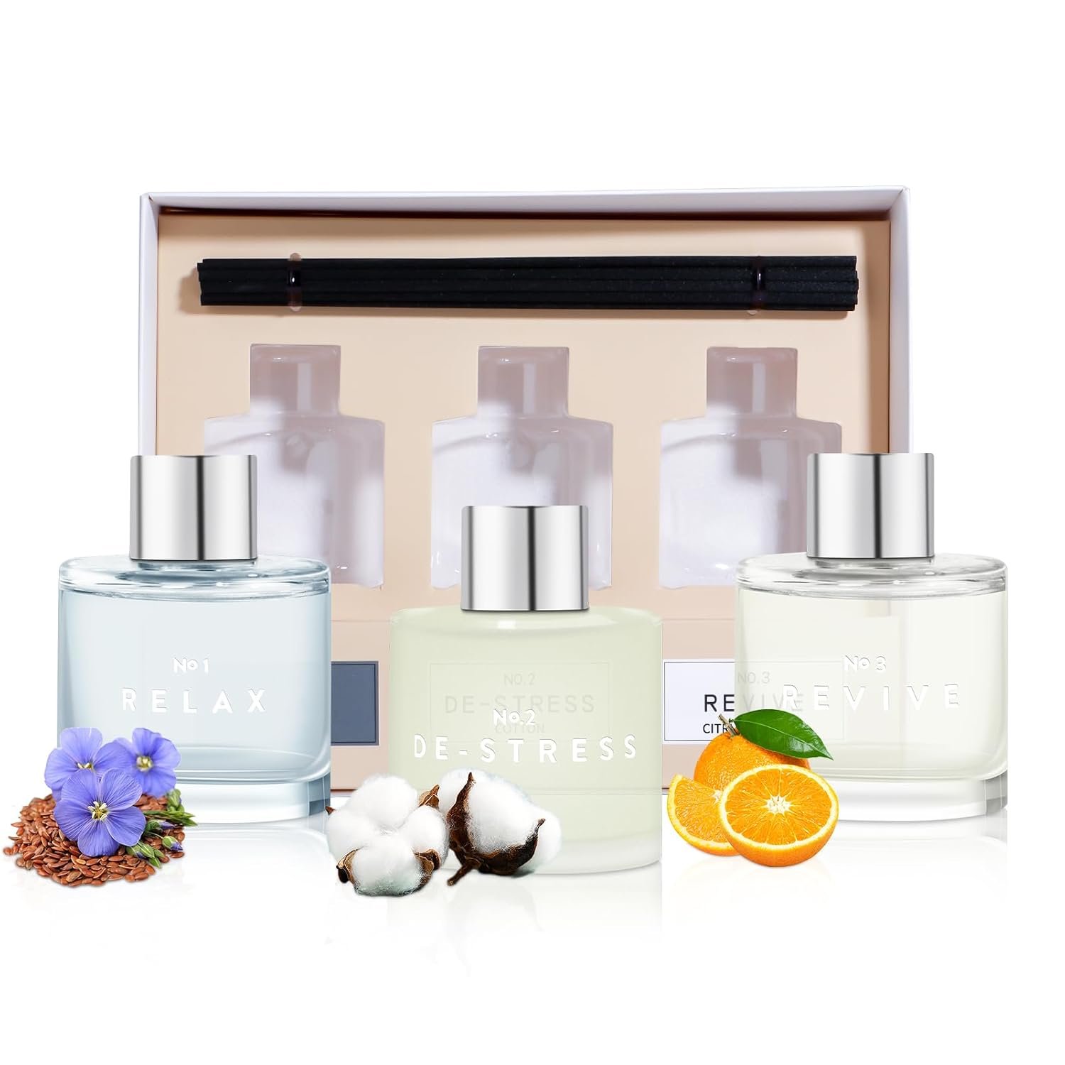 DIUFJAG Set of 3 Fragrance Reed Diffusers,50ml Linen Cotton Citrus Aromatherapy Diffuser Set with 12 Black Fiber Sticks,Air Freshener for Bedroom Bathroom Office