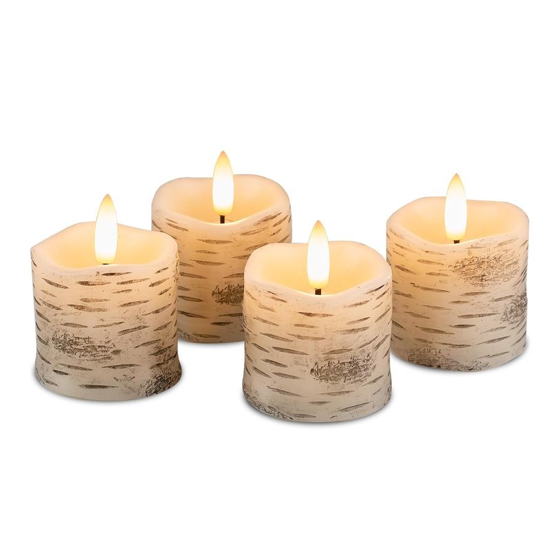 Rhytsing Set of 4 White Birch Bark Flameless Votive Candles with Timer, Real Wax Led Faux Battery Operated Tealight Candles for Christmas and Weddings - D 5cm