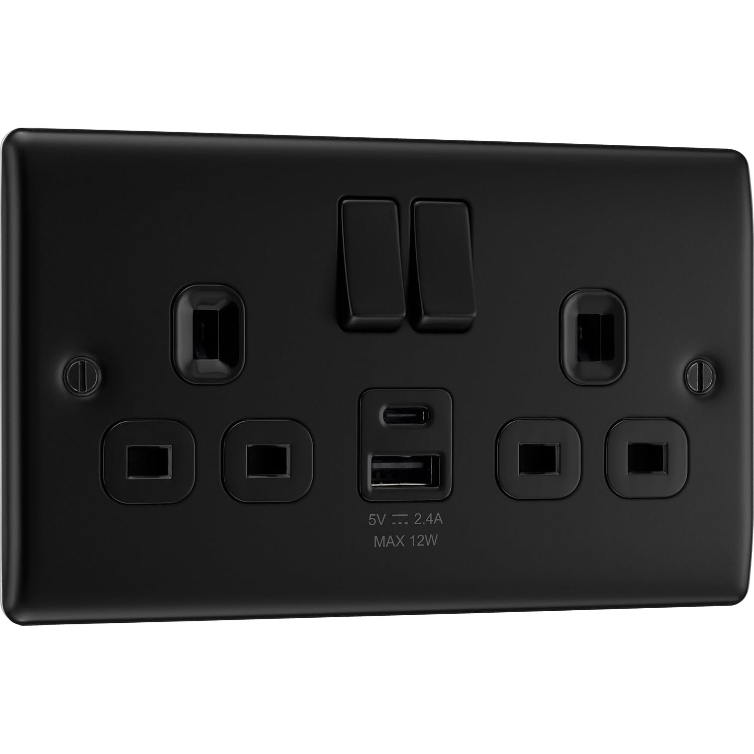 BG Electrical 12W Double Switched Power Wall Plug Socket with Type A and Type C USB Charging Ports, Nexus Metal, Matt Black, 13A, NFB22UAC12B