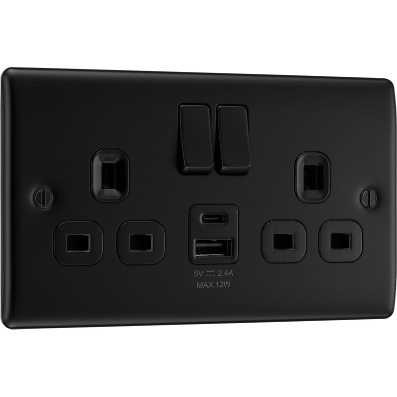 BG Electrical 12W Double Switched Power Wall Plug Socket with Type A and Type C USB Charging Ports, Nexus Metal, Matt Black, 13A, NFB22UAC12B