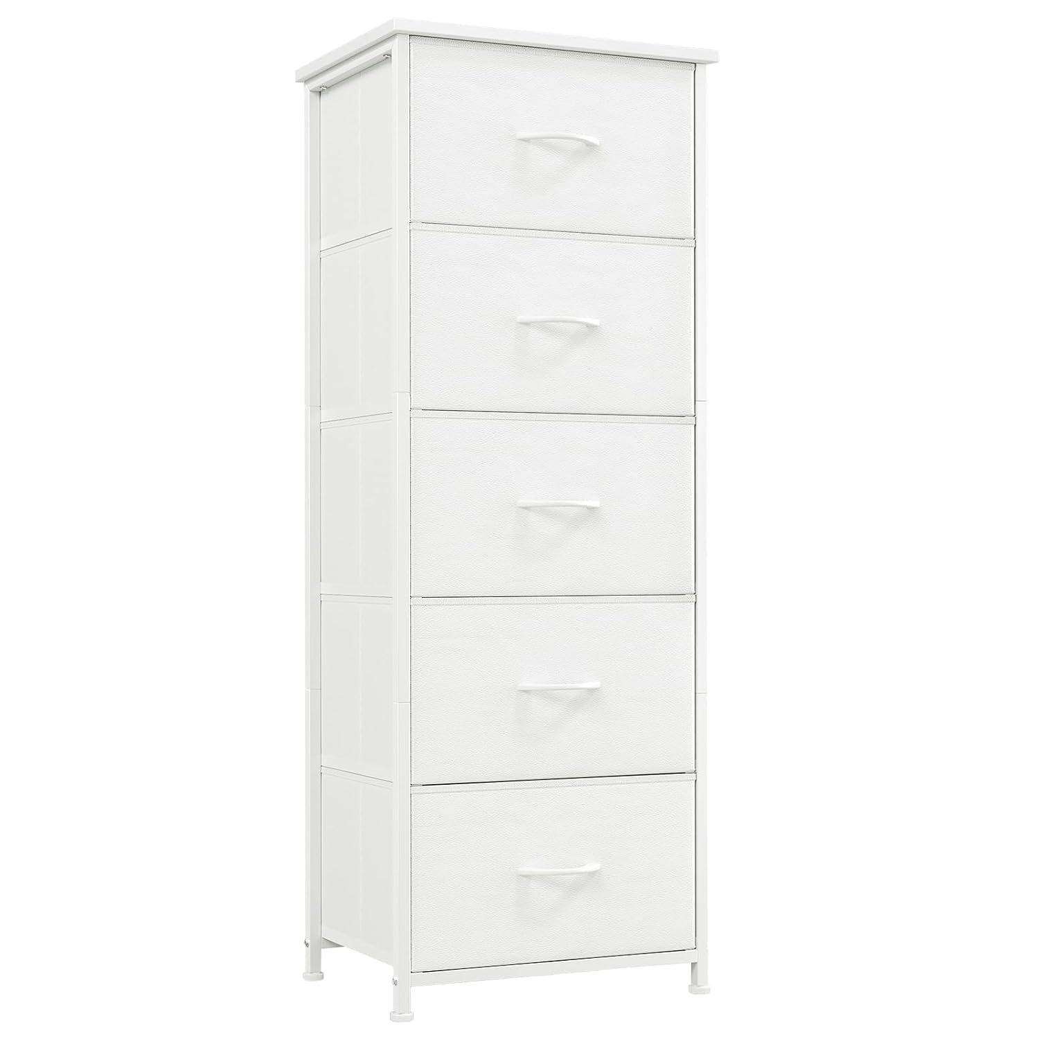 Somdot Tall Chest of Drawers for Bedroom with 5 Drawers, Storage Organiser Fabric Dresser for Closet Bedside Nursery Laundry Living Room Entryway Hallway, White Leather